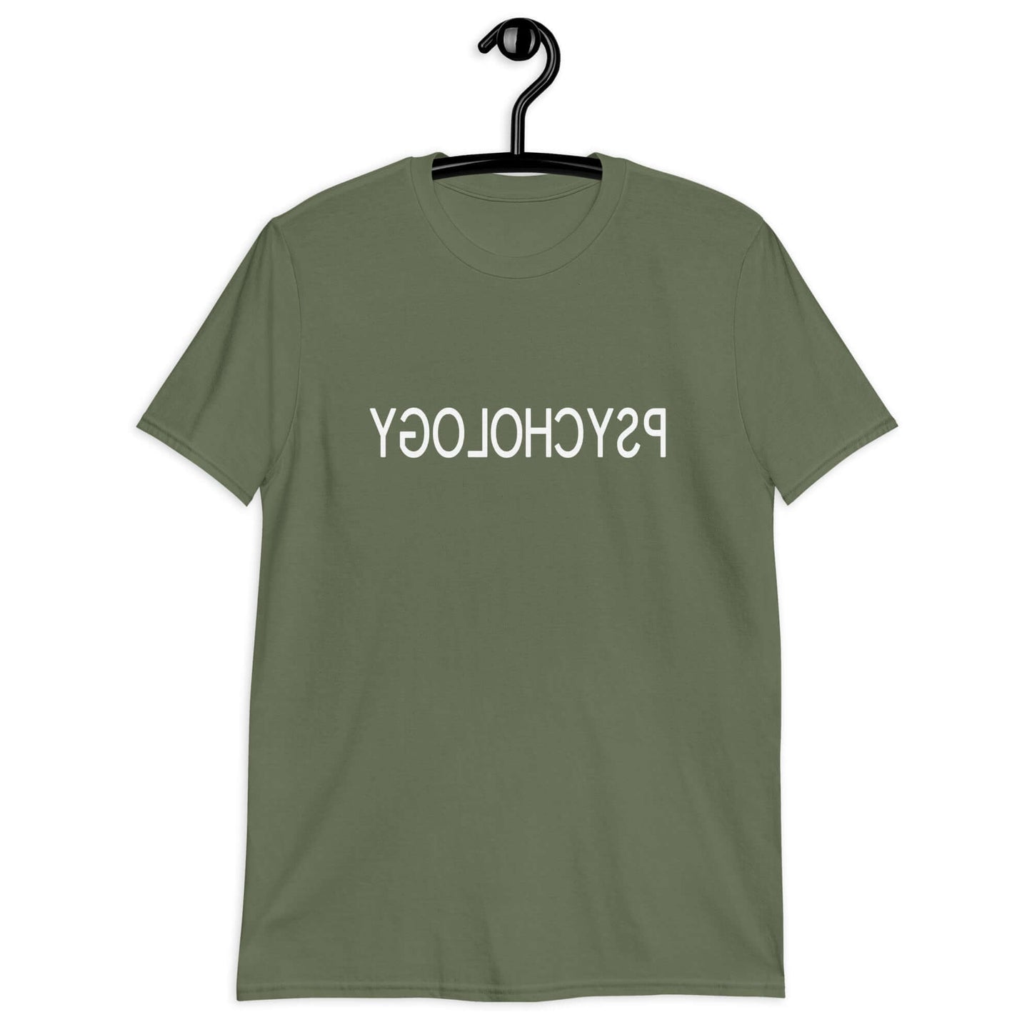 Military green t-shirt with the word Psychology printed in reverse on the front.