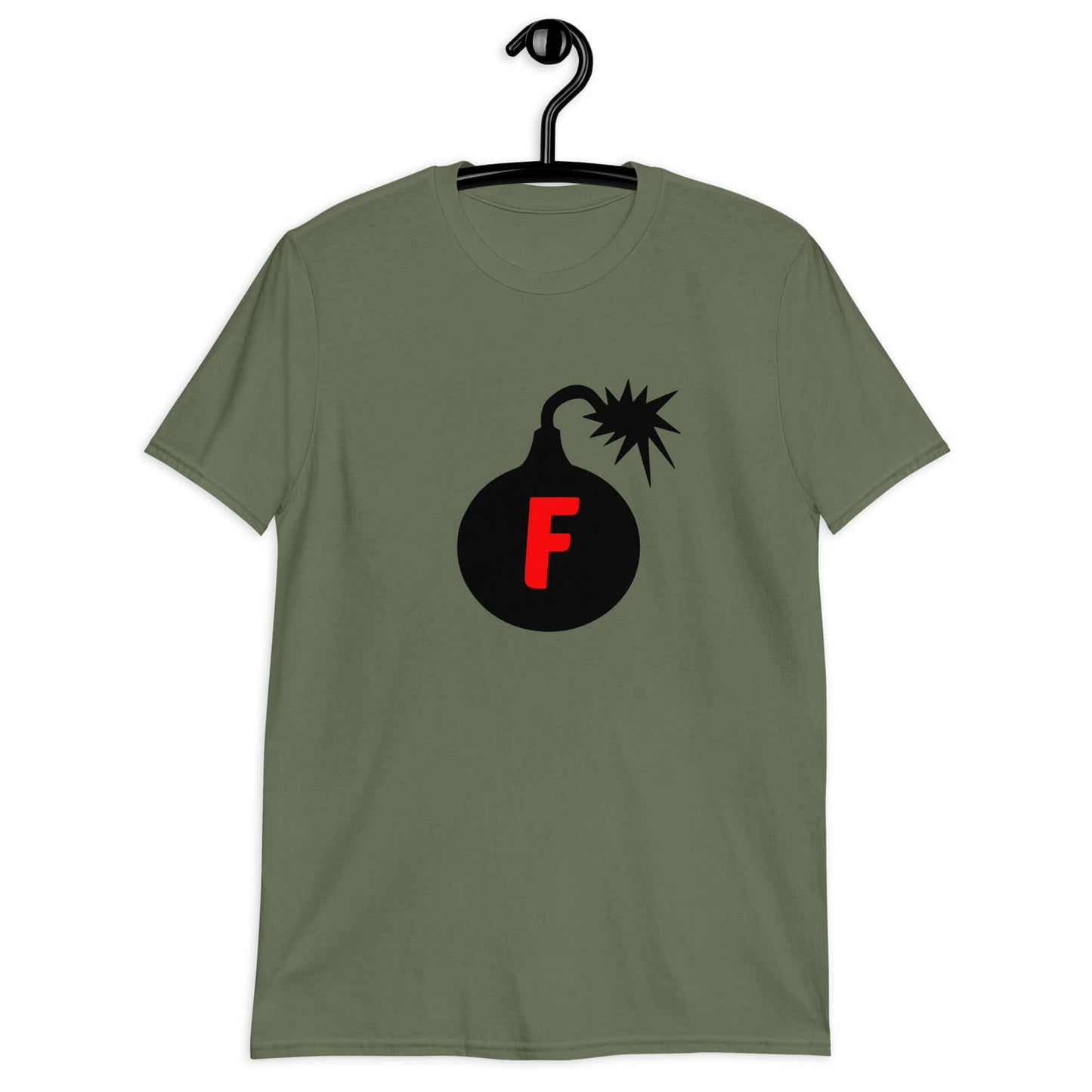 Military green t-shirt with an image of a bomb with the letter F printed in the center. The graphics are printed on the front of the shirt.