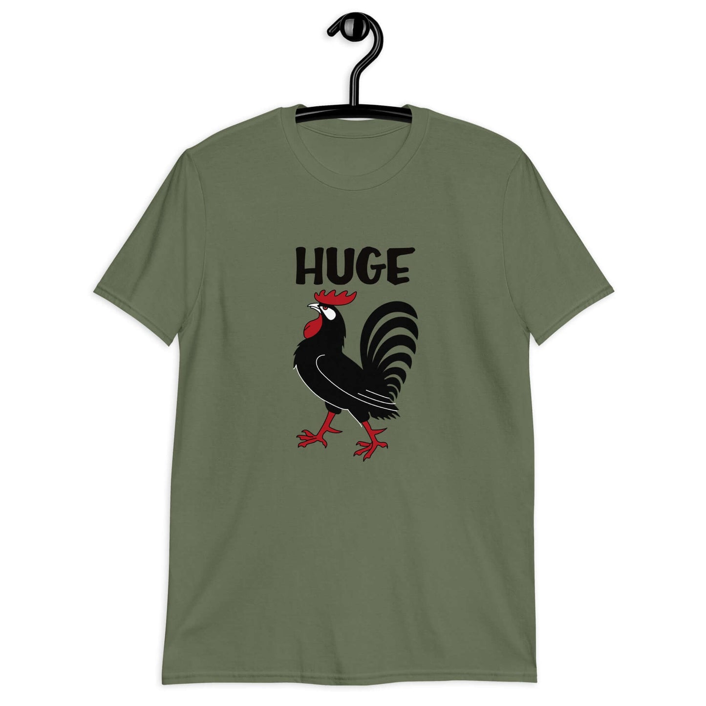 Military green t-shirt with an image of a rooster and the word Huge above the rooster printed on the front.