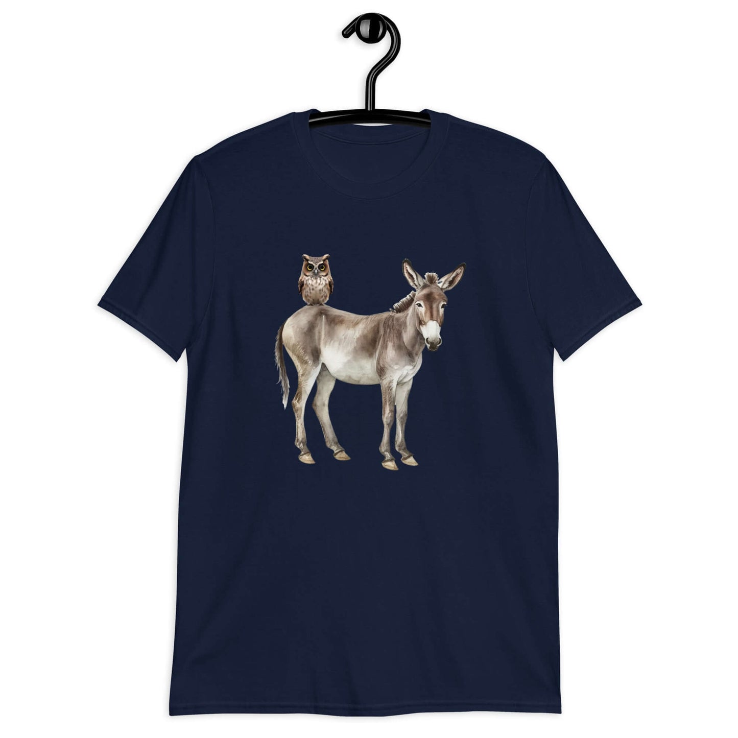 Navy blue t-shirt with an image of a donkey with wise owl sitting on it printed on the front.