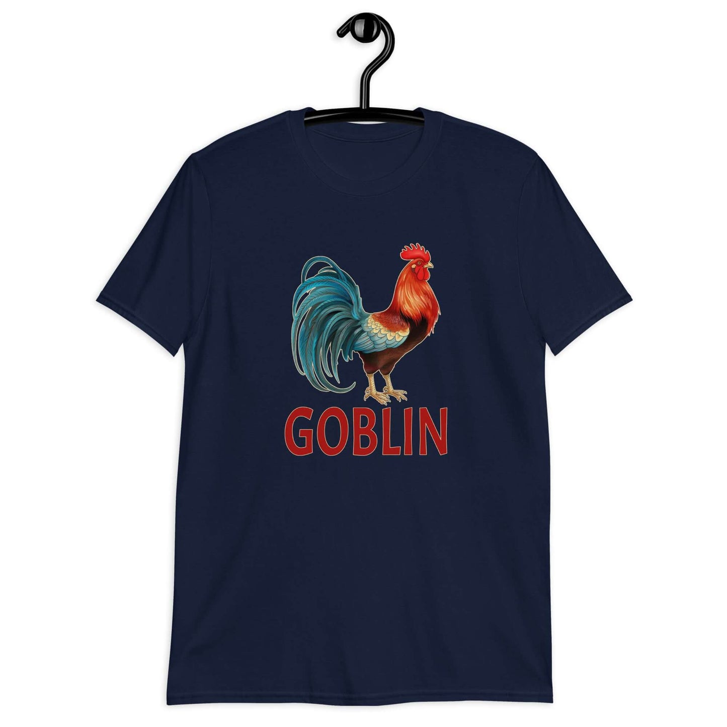 Navy t-shirt with an image of a rooster and the word Goblin printed under the rooster. The graphics are printed on the front of the shirt.