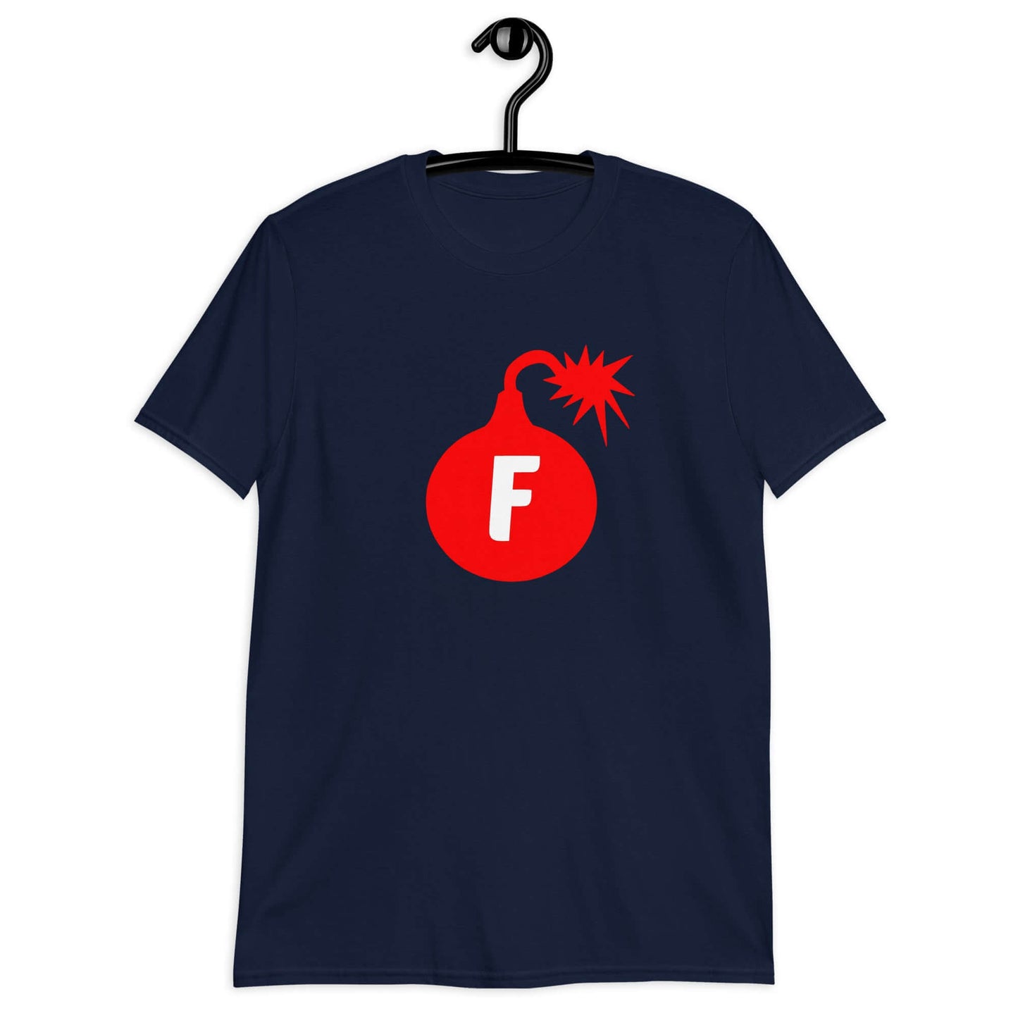 Navy t-shirt with an image of a bomb with the letter F printed in the center. The graphics are printed on the front of the shirt.
