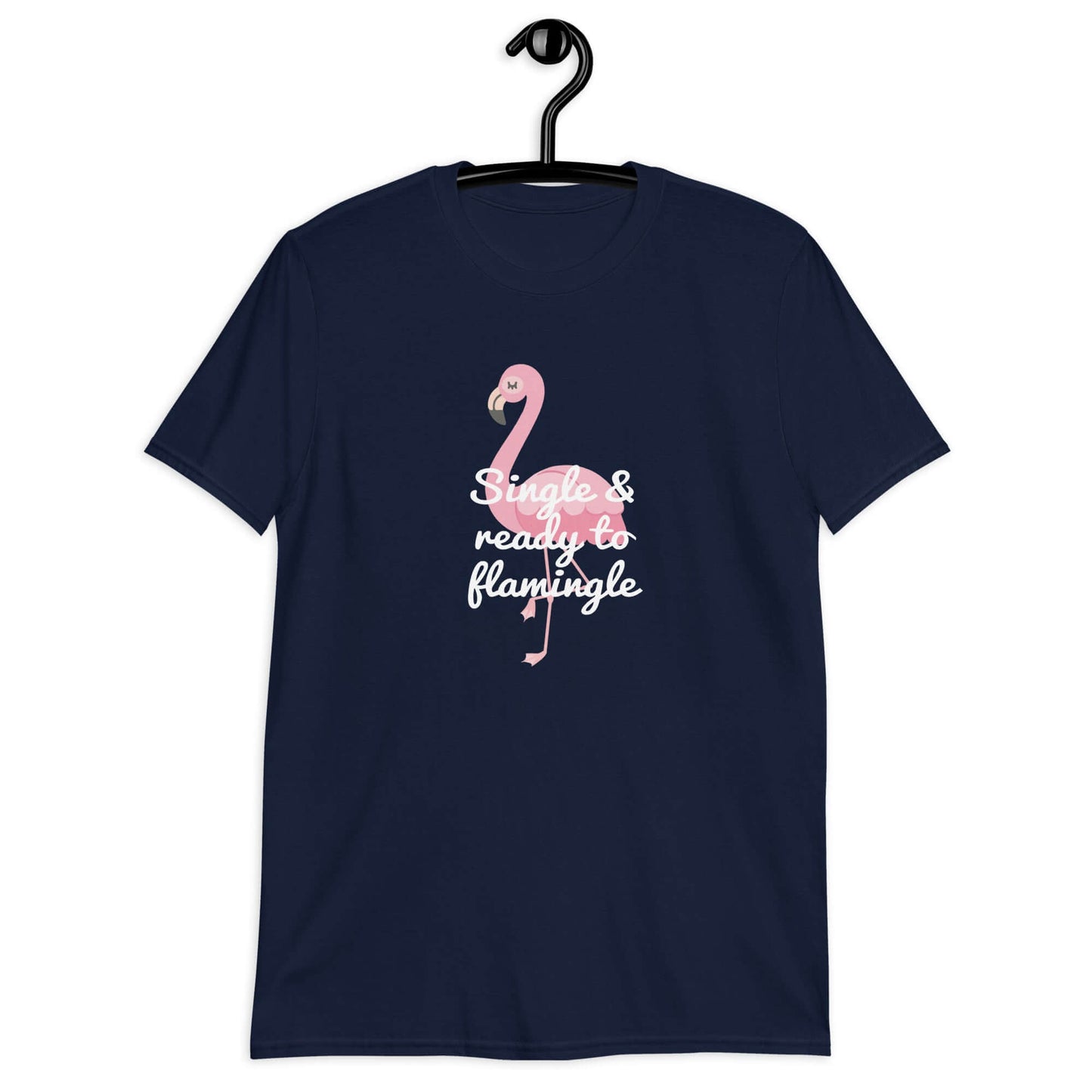 Navy blue t-shirt with an image of a flamingo and the words Single and ready to flamingle printed on the front.