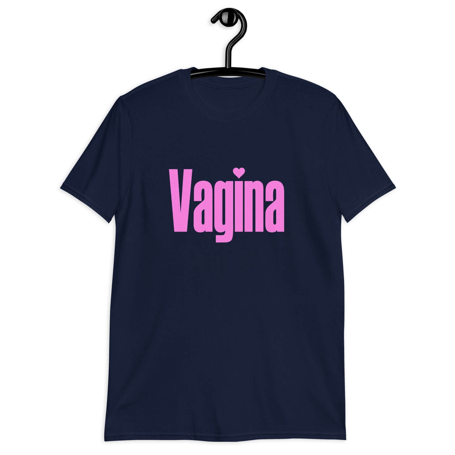 Navy t-shirt with the word Vagina printed on the front. The word vagina is in pink color text.