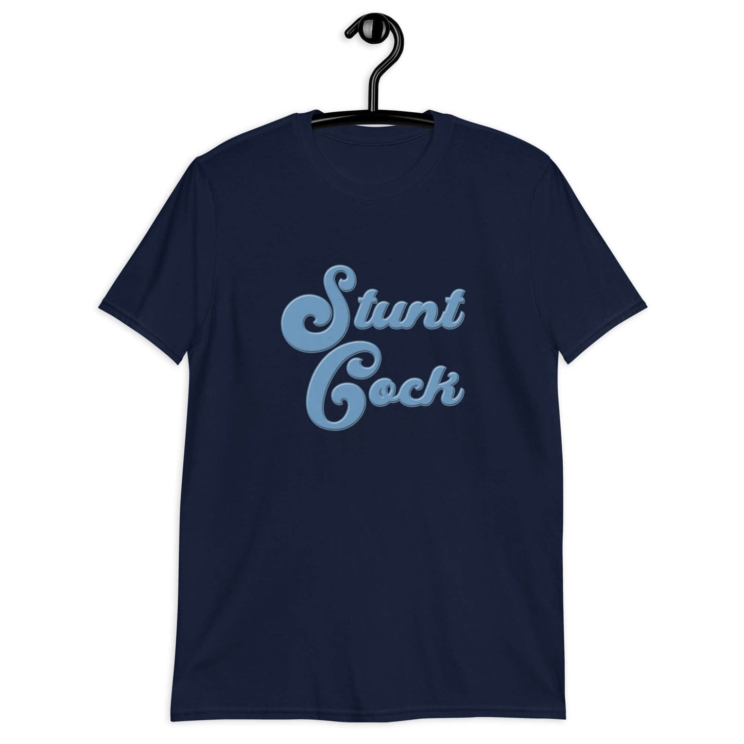 Navy t-shirt with the words Stunt Cock printed on the front in blue.