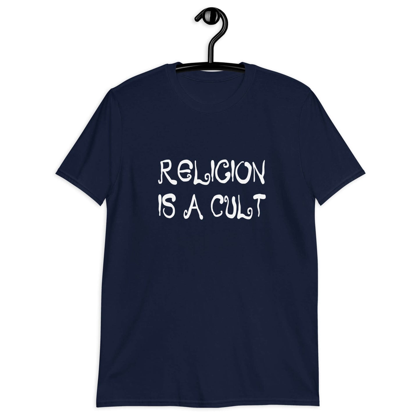 Navy t-shirt with the phrase Religion is a cult printed on the front.