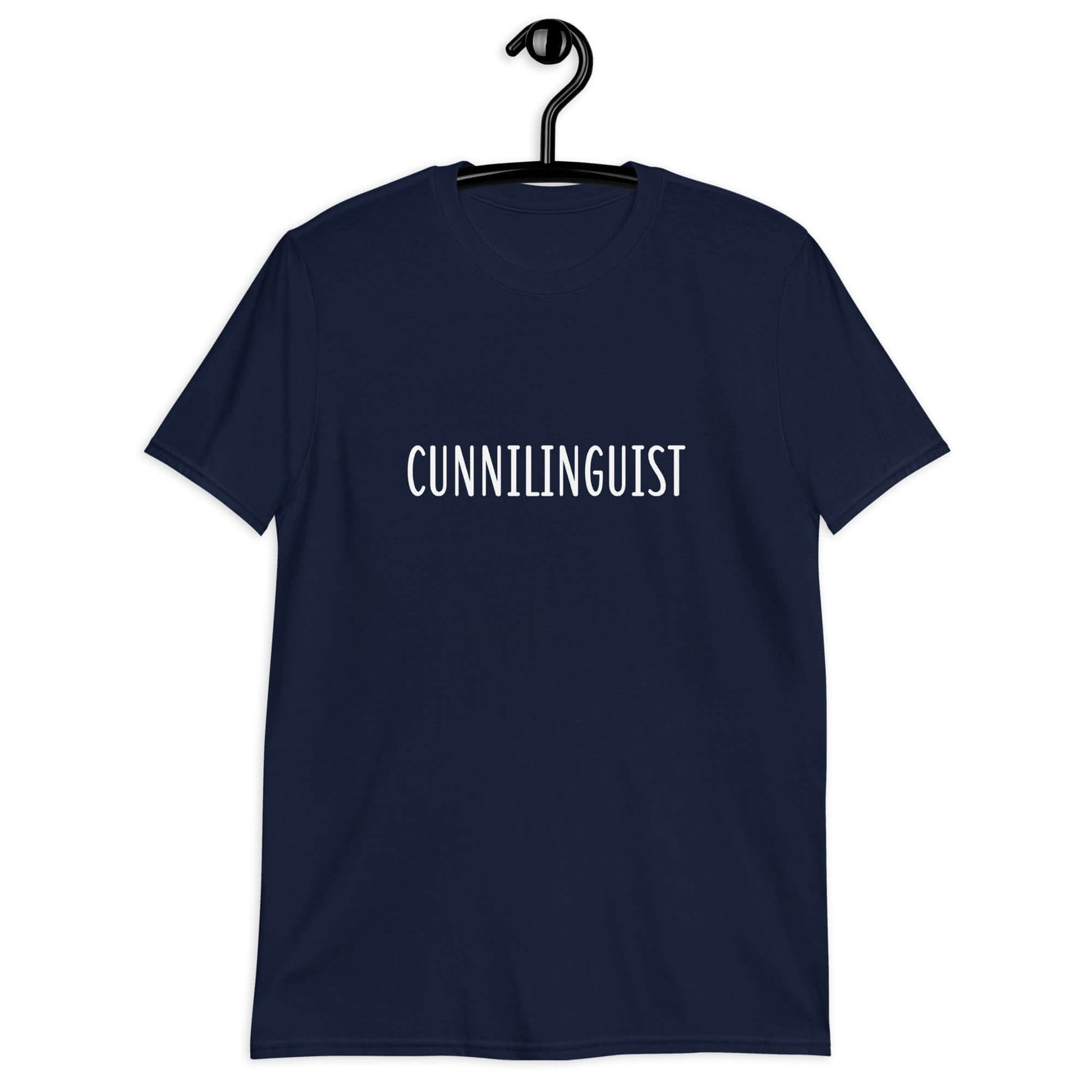 Navy blue t-shirt with the word Cunnilinguist printed on the front.