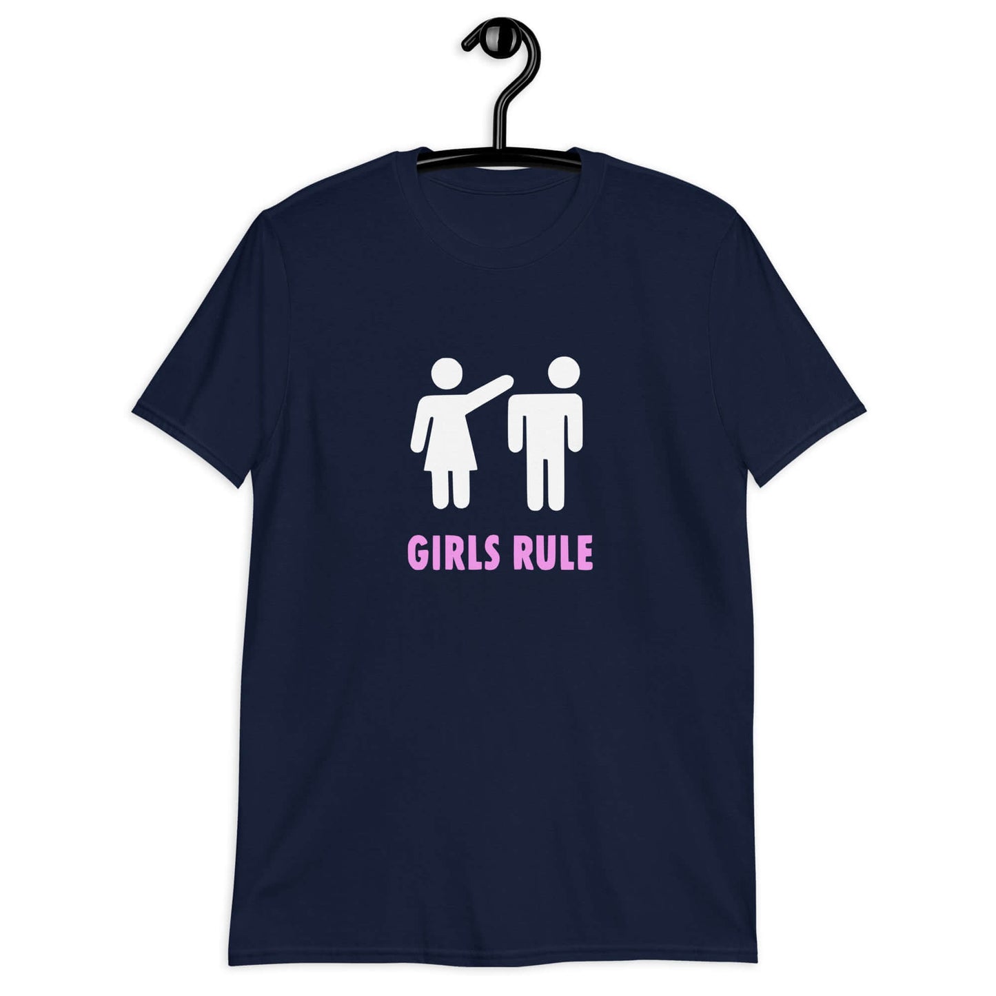 Navy blue t-shirt with an image of a stick figure man and woman. The stick woman is punching the stick mans head off and the words Girls rule is printed beneath in hot pink. The graphics are printed on the front of the shirt.