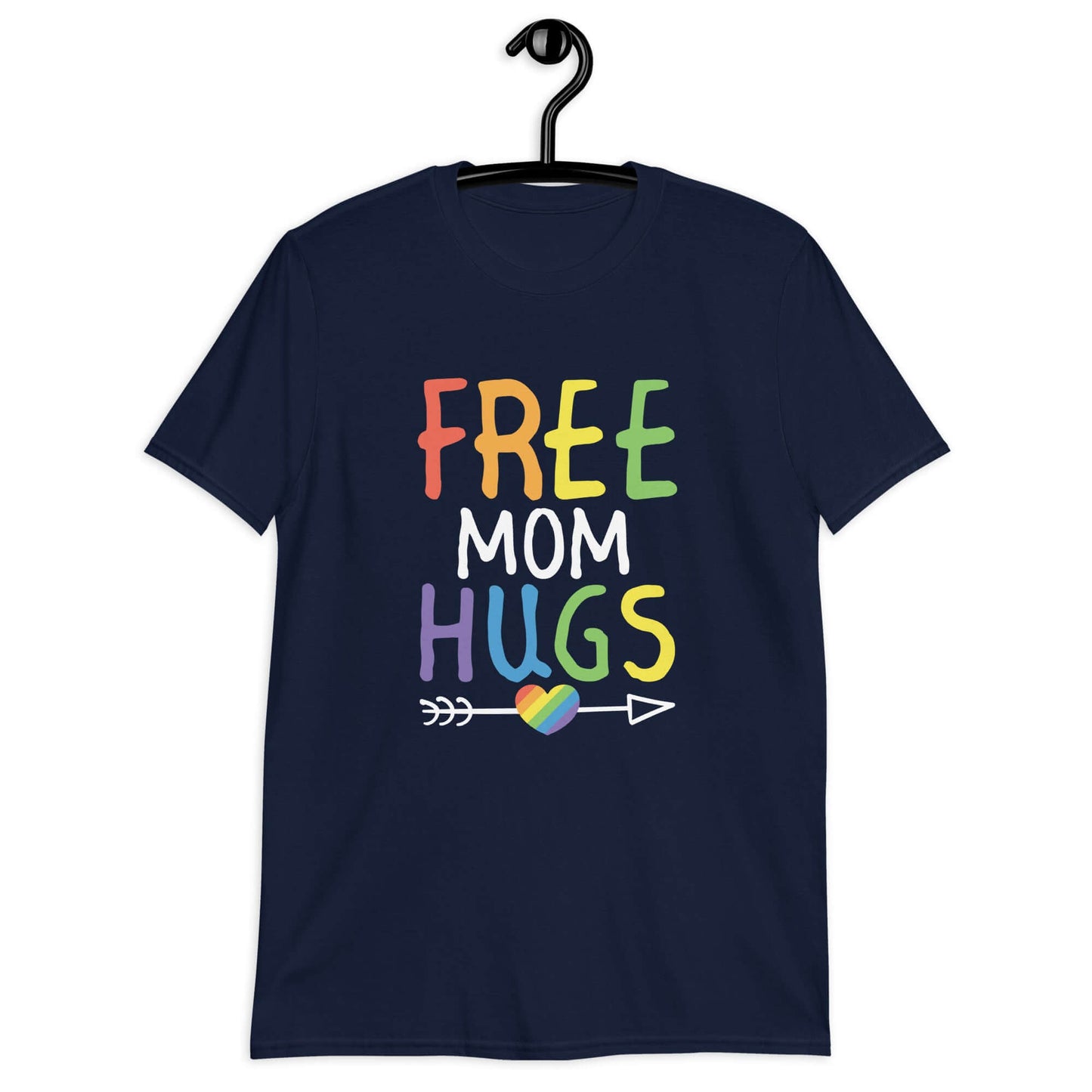 Navy blue t-shirt with the phrase Free Mom hugs in rainbow lettering printed on the front.