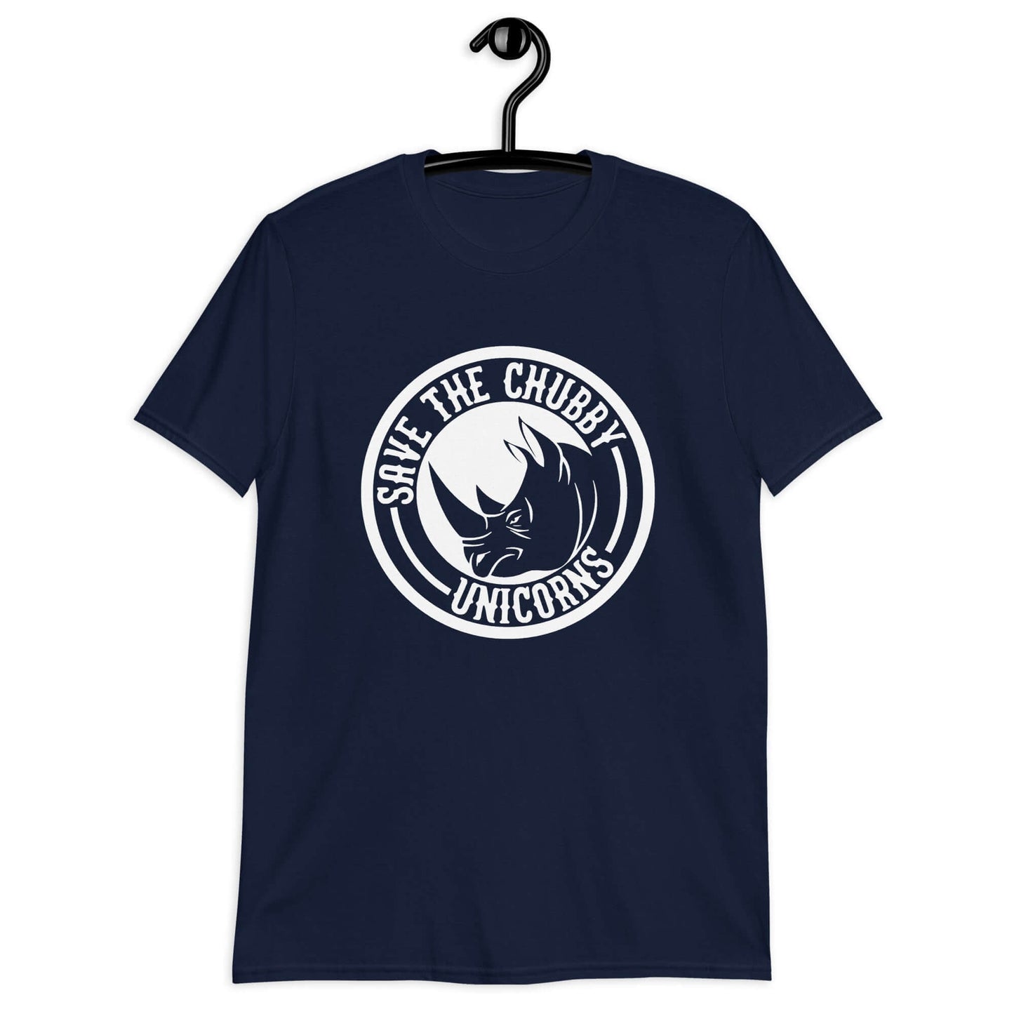 Navy blue t-shirt with a funny graphic of a rhinoceros & the words Save the chubby unicorns printed on the front.