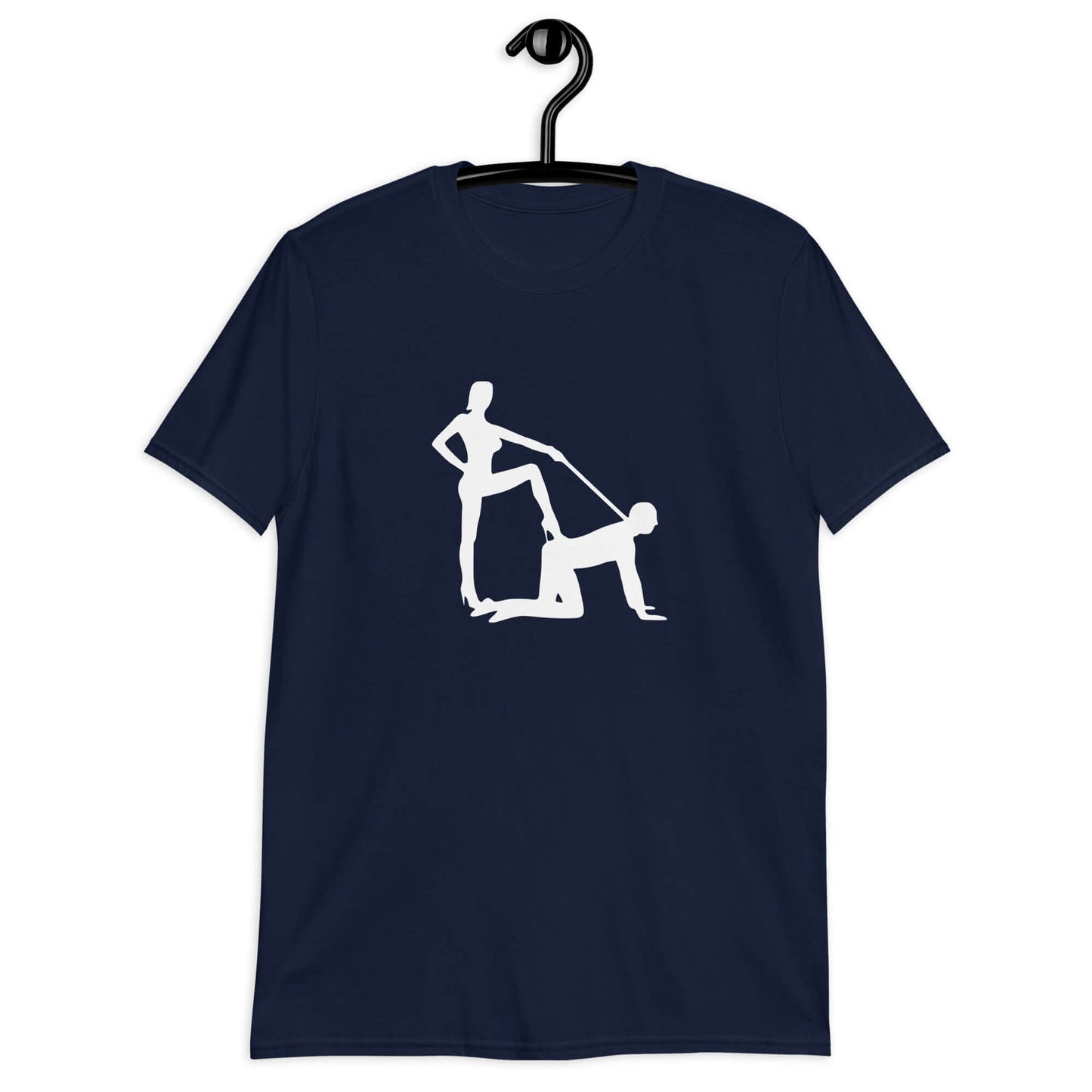 Navy blue t-shirt with the image of a silhouette of a man on his hands and knees and a dominatrix holding his leash printed on the front.