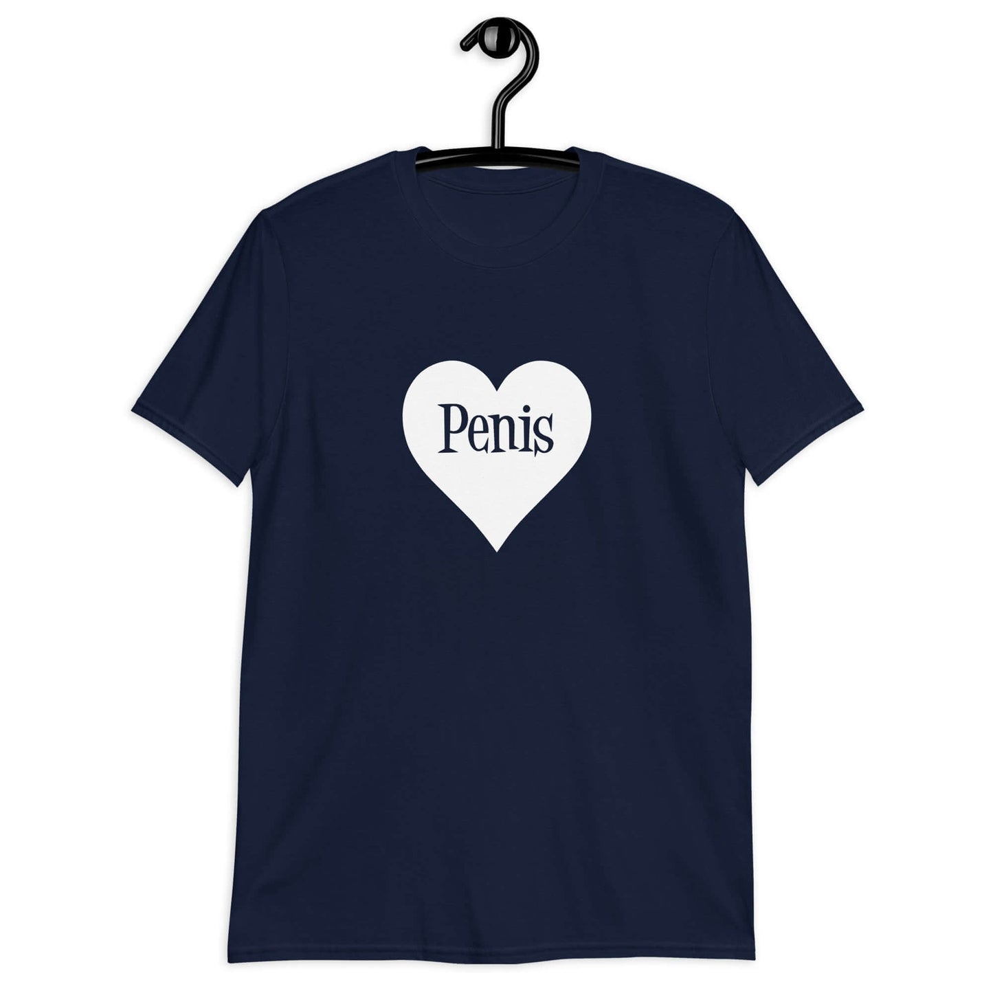 Navy blue t-shirt with a heart image printed on the front. The word penis is inside the heart