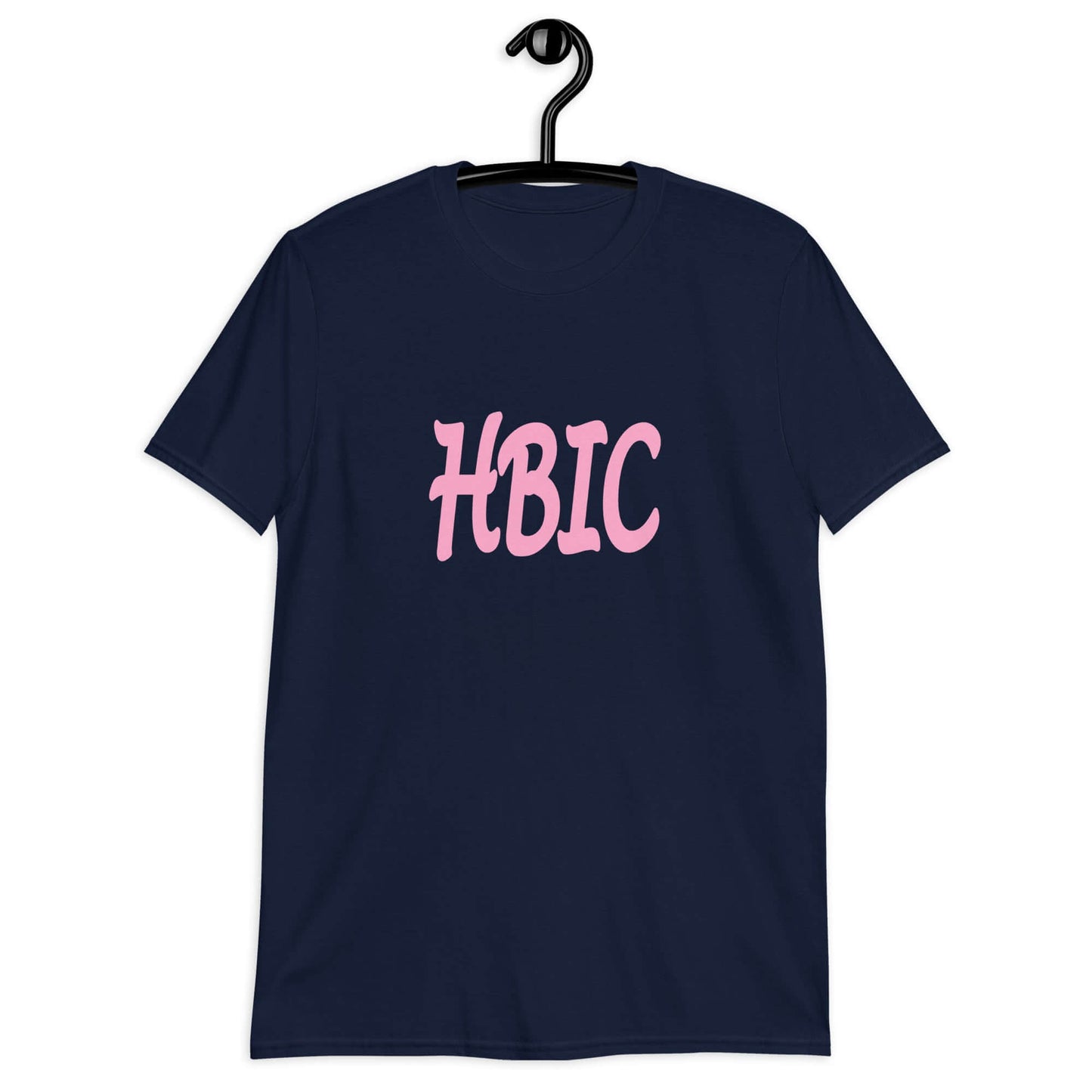 Navy blue t-shirt with the acronym HBIC printed on the front in pink text.