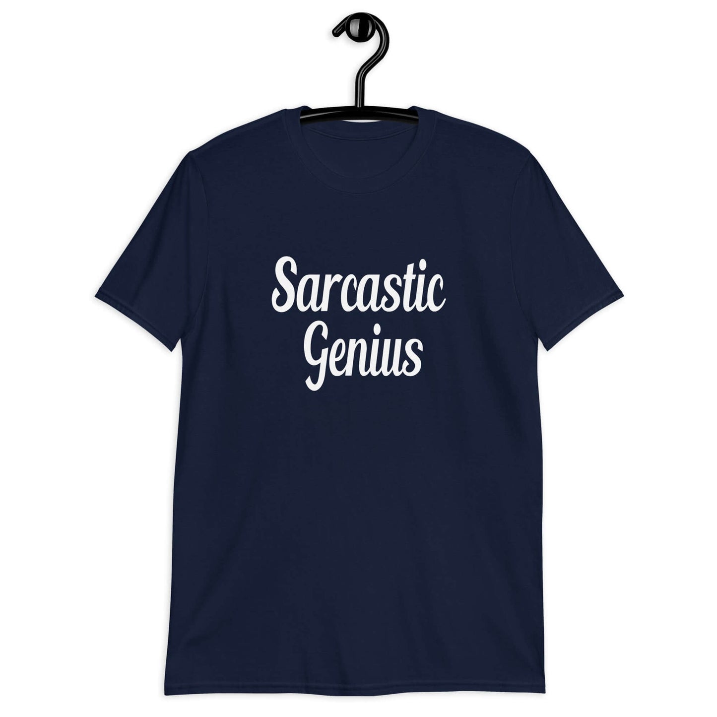 Navy blue t-shirt with the words Sarcastic Genius printed on the front.