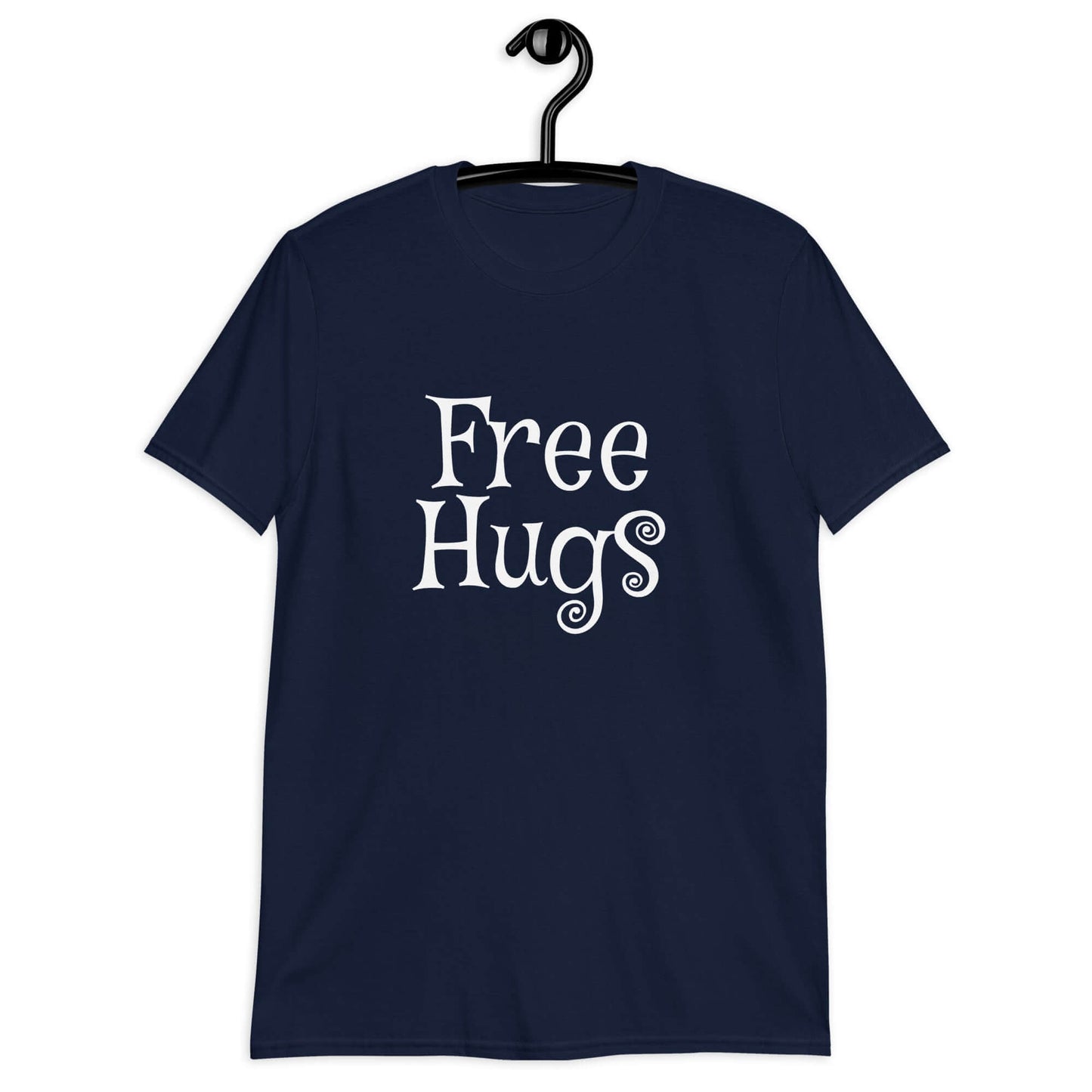 Navy blue t-shirt with the words Free Hugs printed on the front.