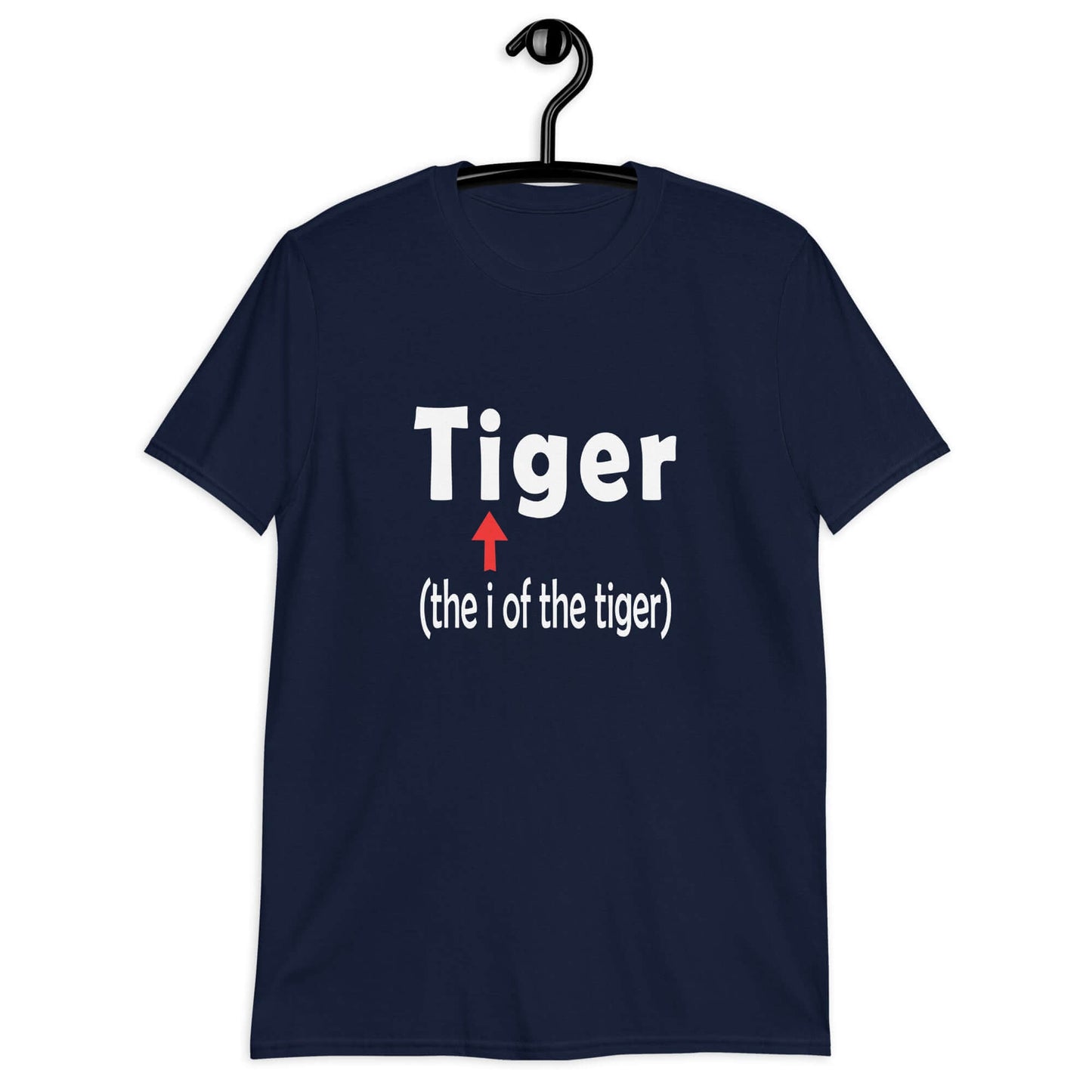 Navy blue t-shirt with the word Tiger and in smaller letters it says the I of the tiger with an arrow pointing to the letting I in the word tiger. The graphics are printed on the front of the shirt.