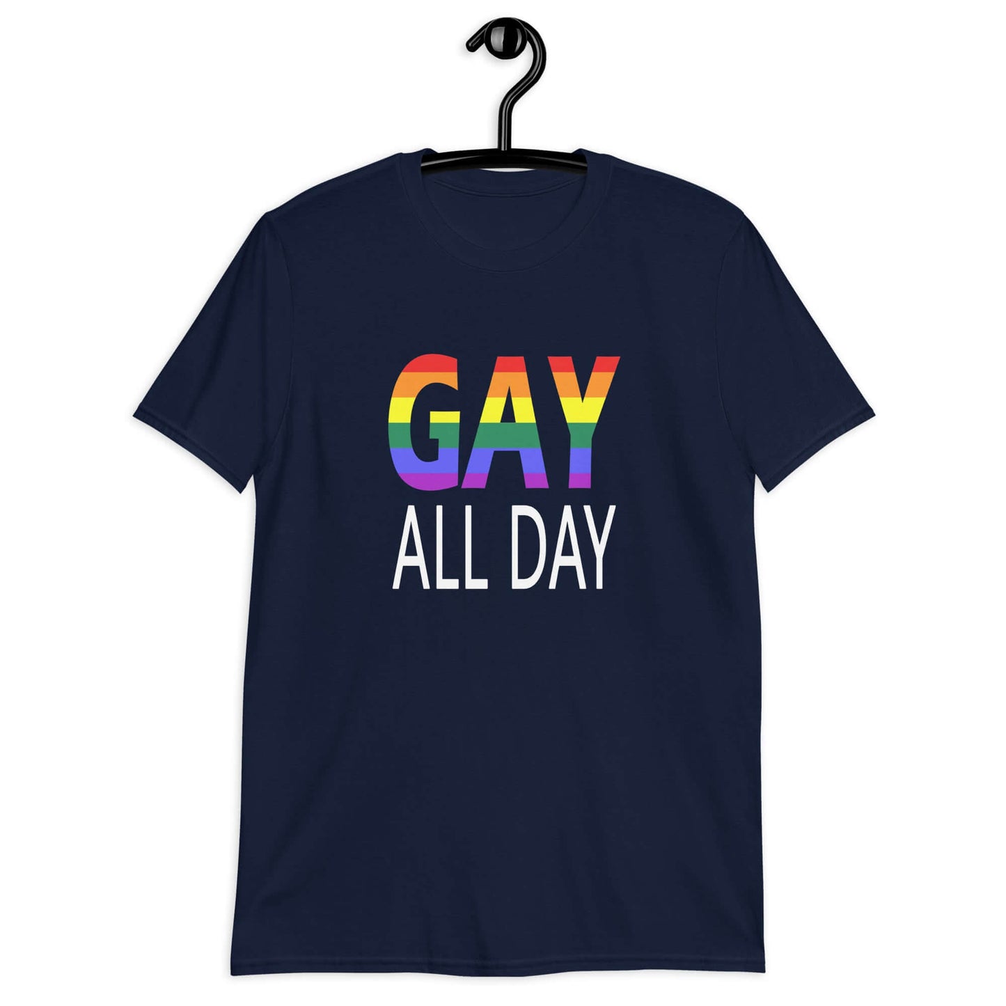 Navy blue t-shirt with the words Gay all day printed on the front. The word Gay is in rainbow stripe font.