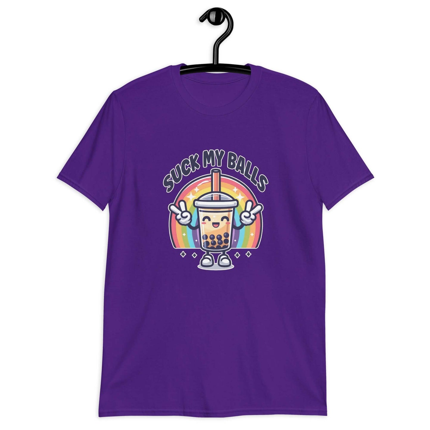 Purple t-shirt with graphics of a rainbow and a smiling boba bubble tea. The bubble tea has arms and legs. The phrase Suck my balls is printed above the rainbow. The graphics are on the front of the shirt.