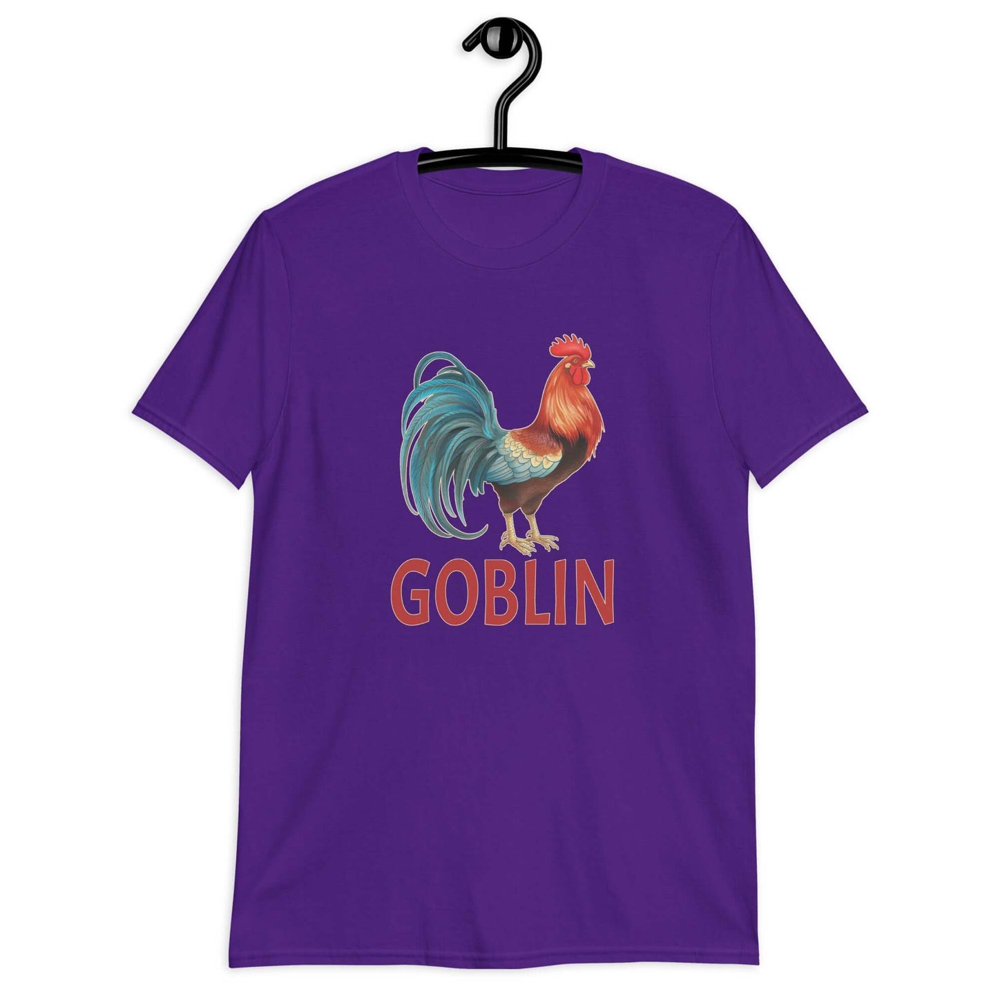 Purple t-shirt with an image of a rooster and the word Goblin printed under the rooster. The graphics are printed on the front of the shirt.