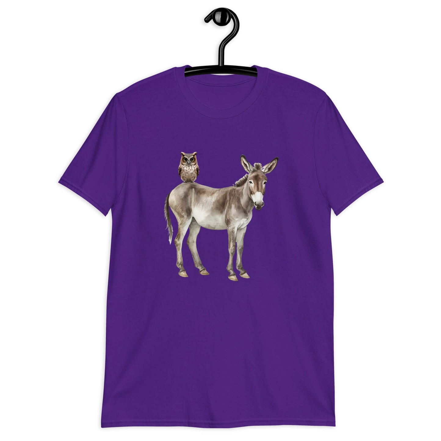 Purple t-shirt with an image of a donkey with wise owl sitting on it printed on the front.