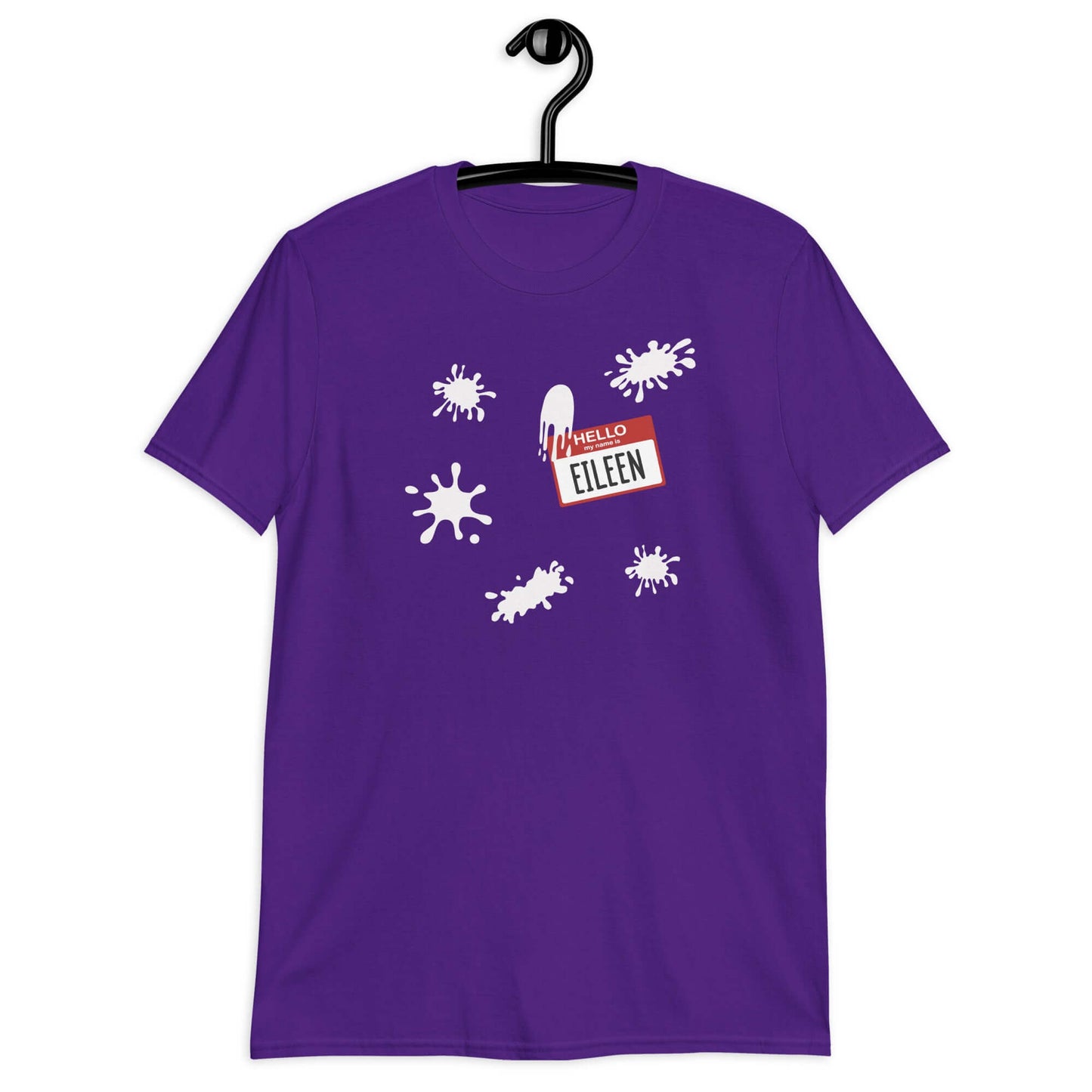 Purple t-shirt with Eileen name tag and white splatters printed on the front.