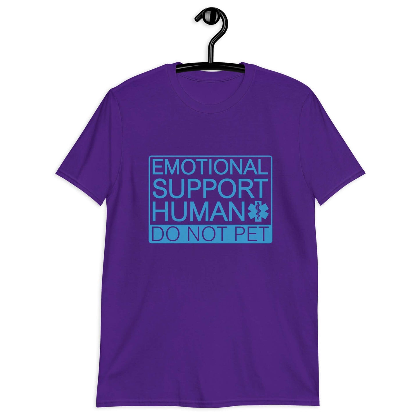 Purple t-shirt with the words Emotional support human, do not pet printed on the front.