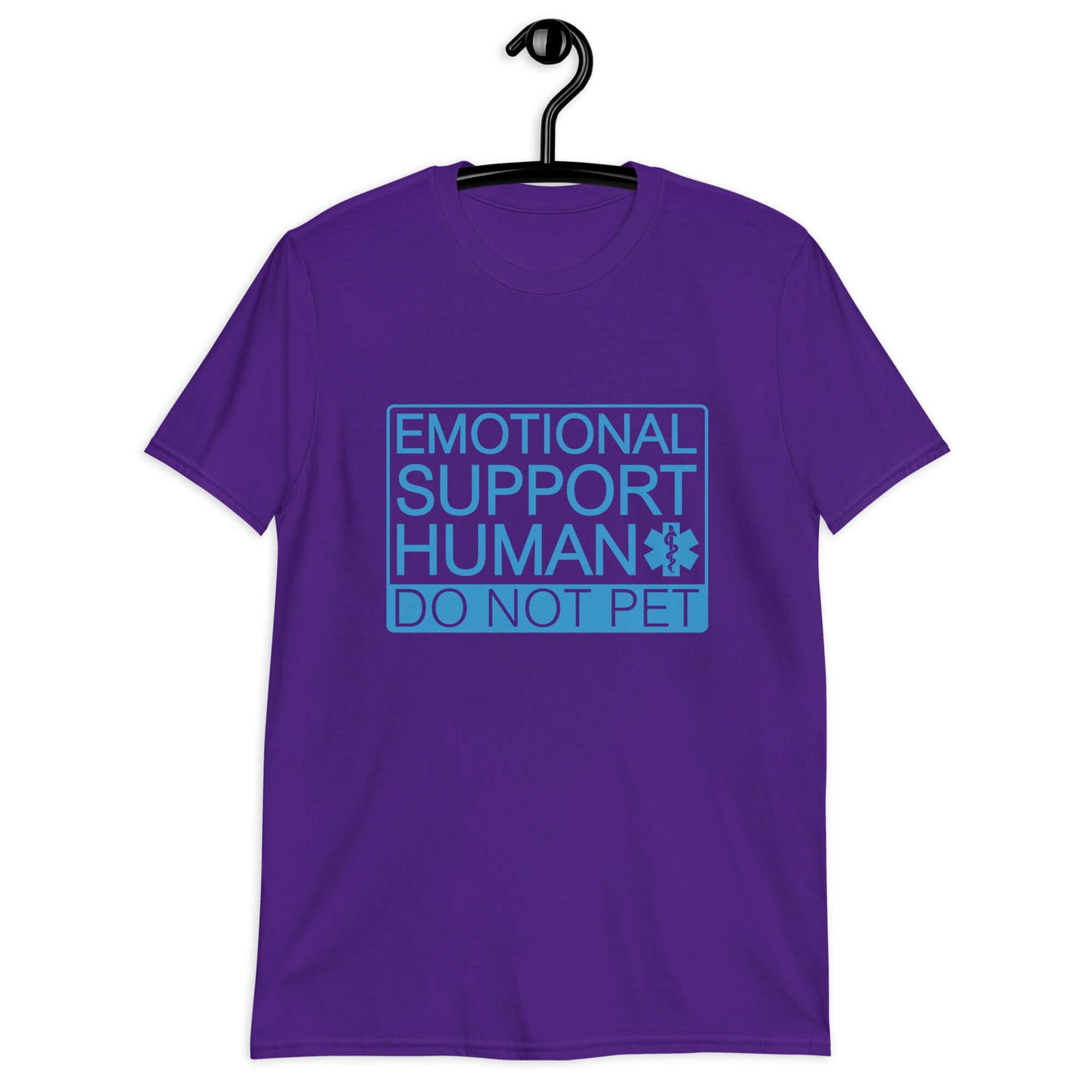 Purple t-shirt with the words Emotional support human, do not pet printed on the front.