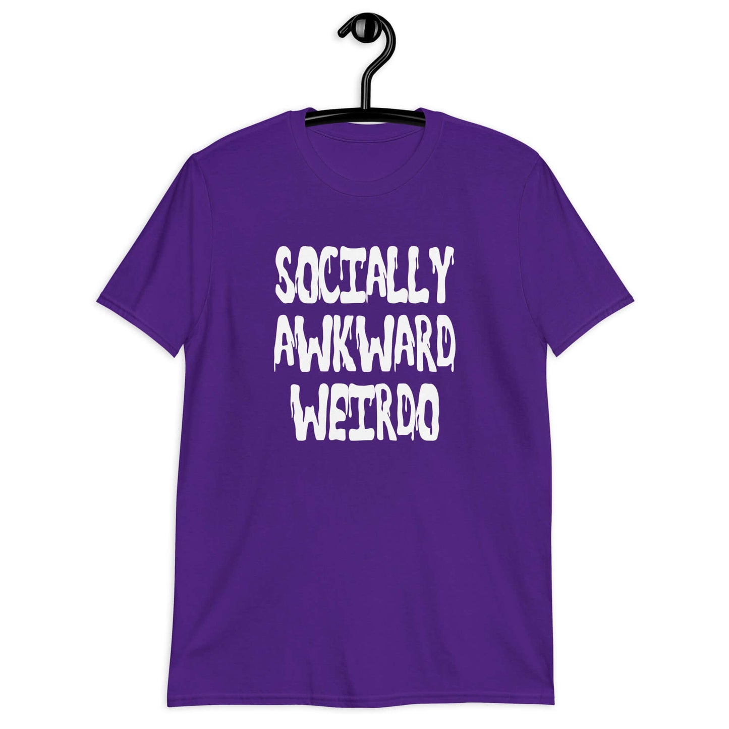 Purple t-shirt with the phrase Socially awkward weirdo printed on the front.