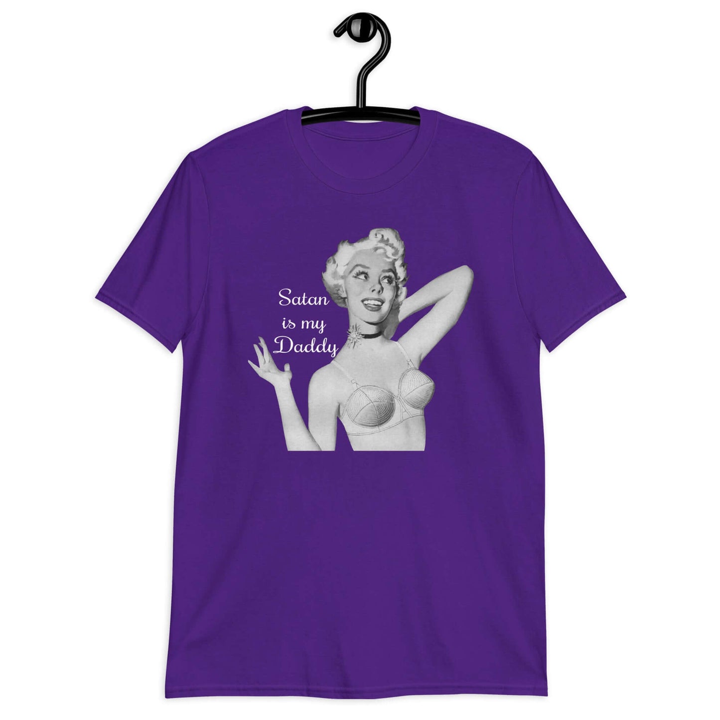 Purple t-shirt with image of a retro black & white pin-up model and the phrase Satan is my Daddy printed on the front.