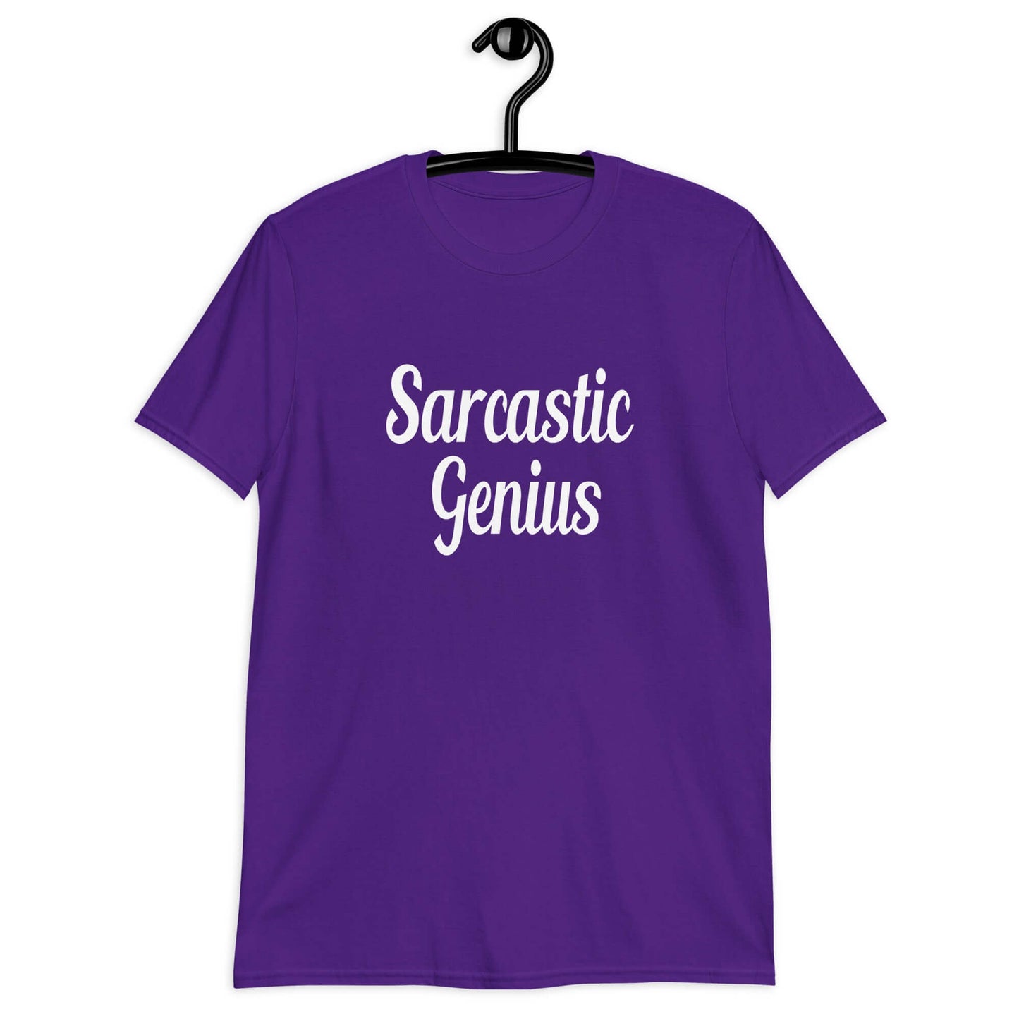 Purple t-shirt with the words Sarcastic Genius printed on the front.