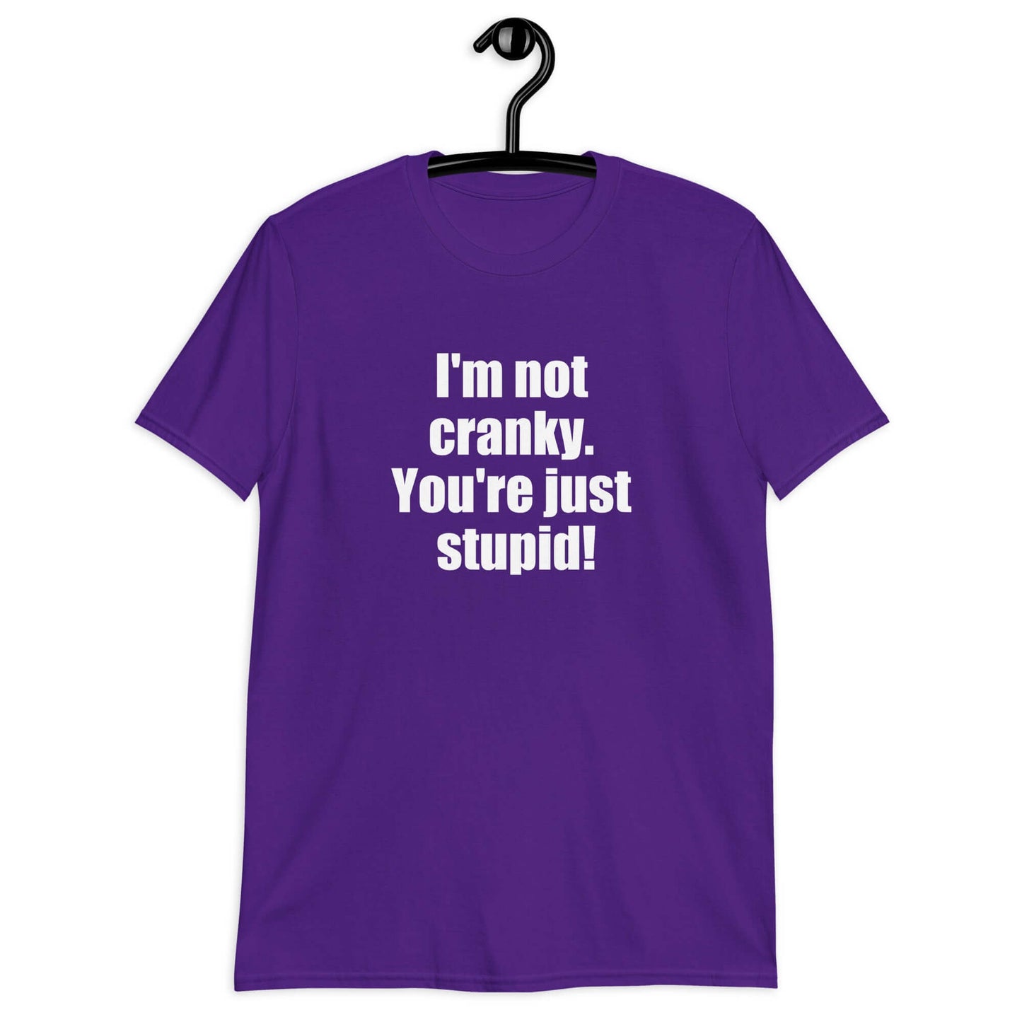 Purple t-shirt with the phrase I'm not cranky You're just stupid printed on the front.