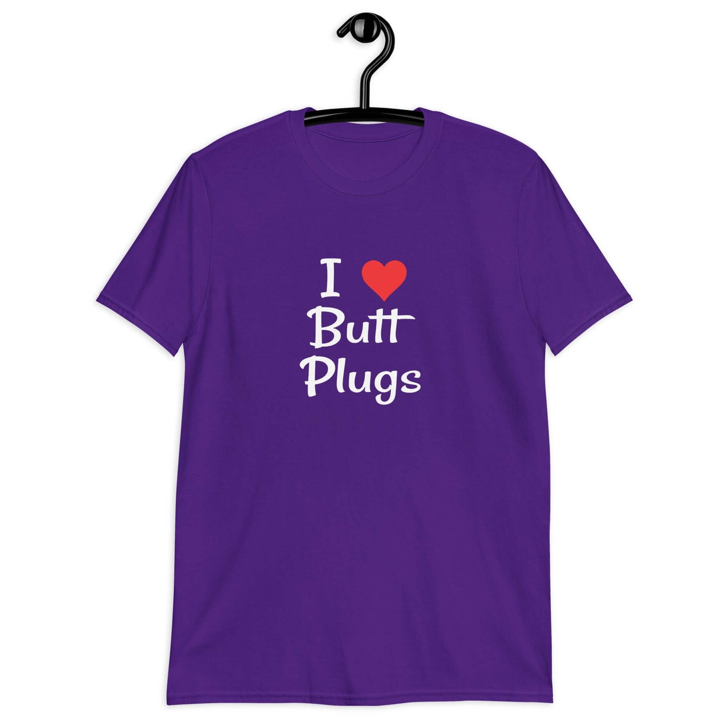 Purple t-shirt with I heart butt plugs printed on the front.