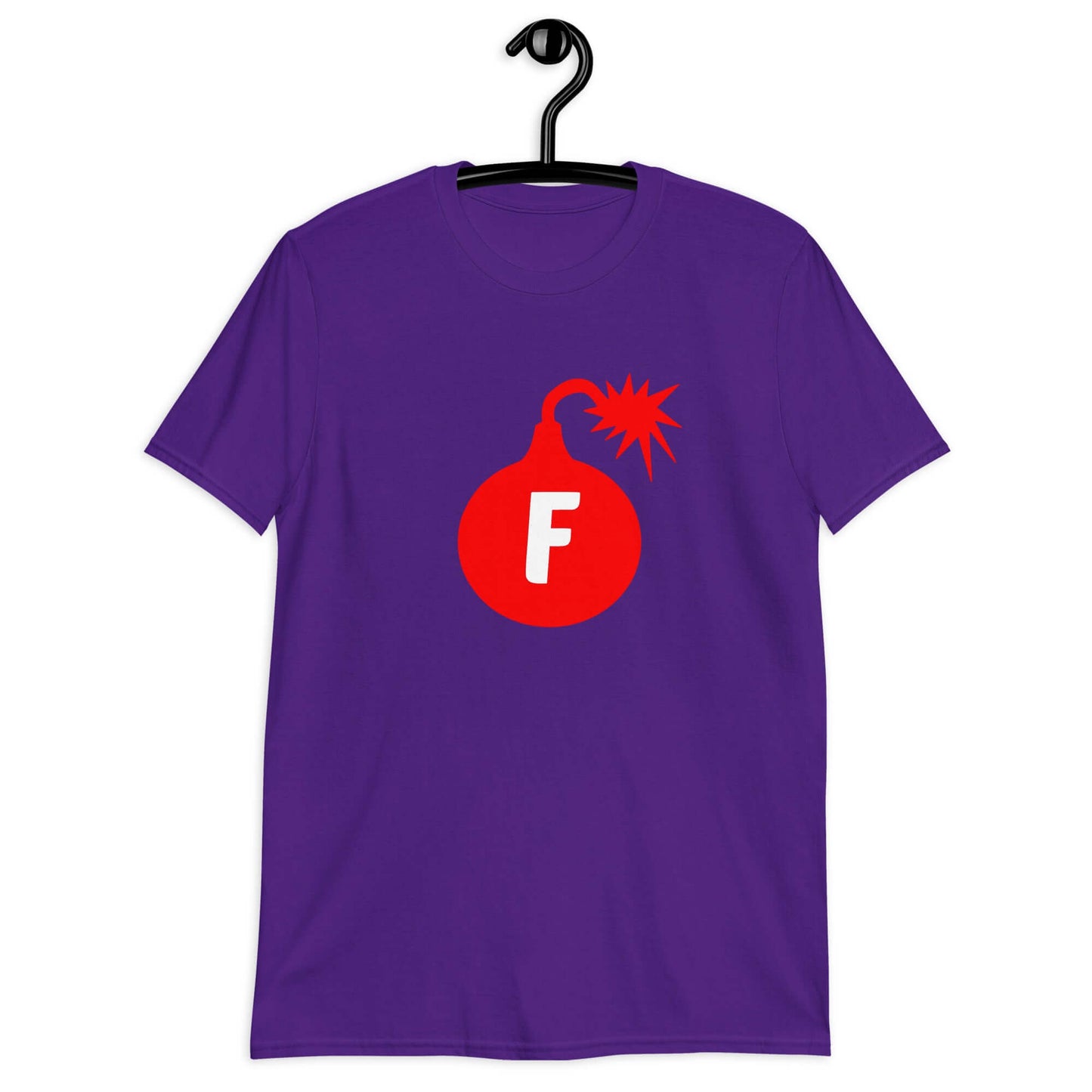 Purple t-shirt with an image of a bomb with the letter F printed in the center. The graphics are printed on the front of the shirt.