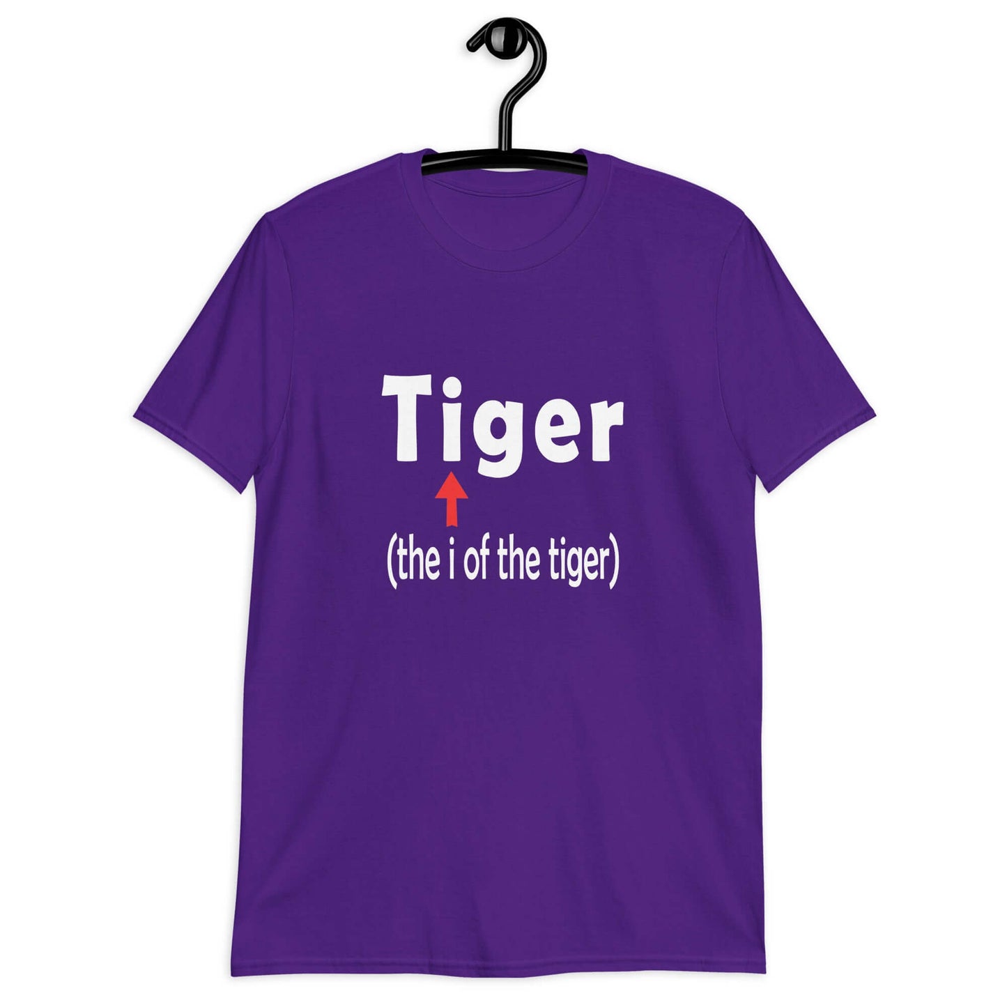 Purple t-shirt with the word Tiger and in smaller letters it says the I of the tiger with an arrow pointing to the letting I in the word tiger. The graphics are printed on the front of the shirt.