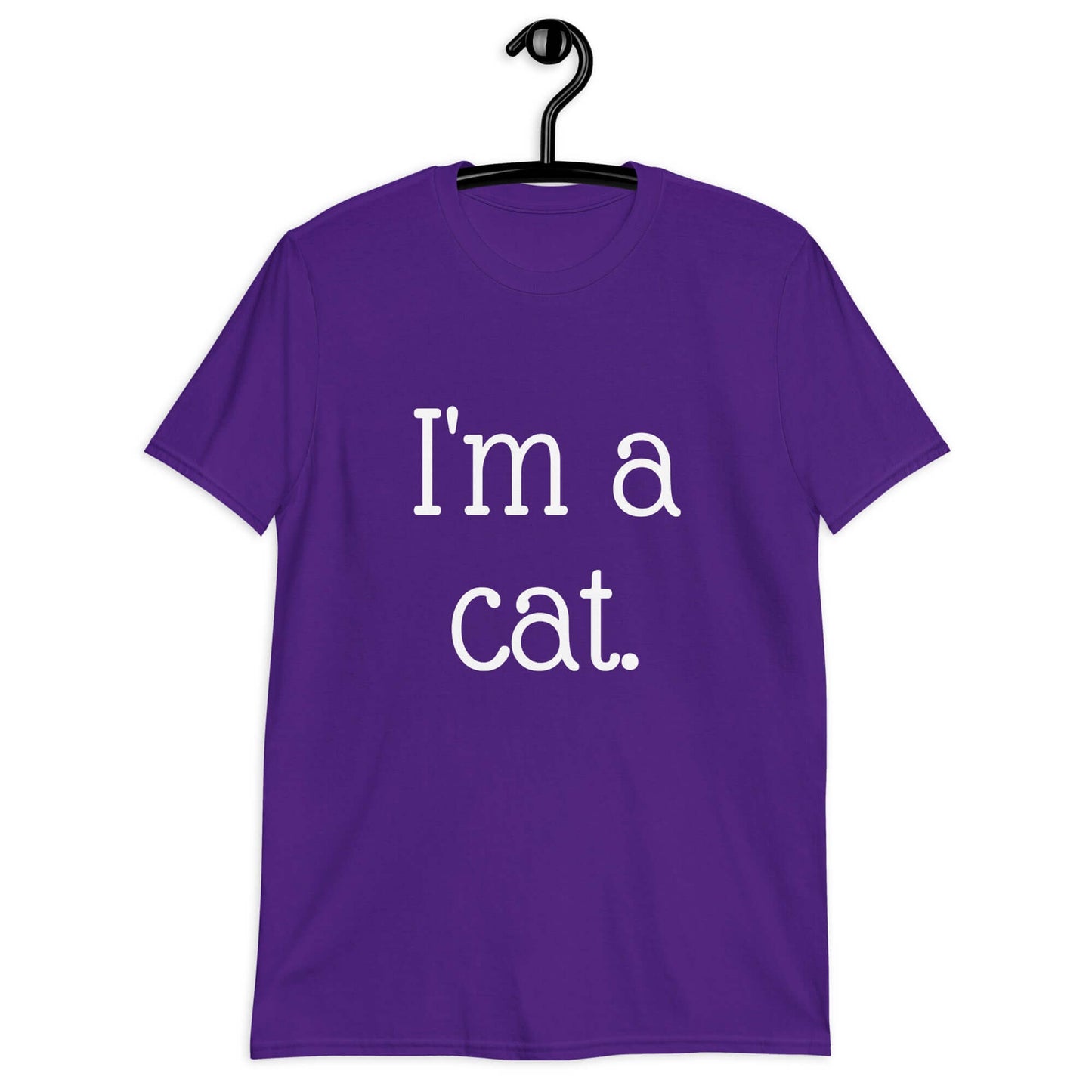 Purple t-shirt with the words I'm a cat printed on the front.