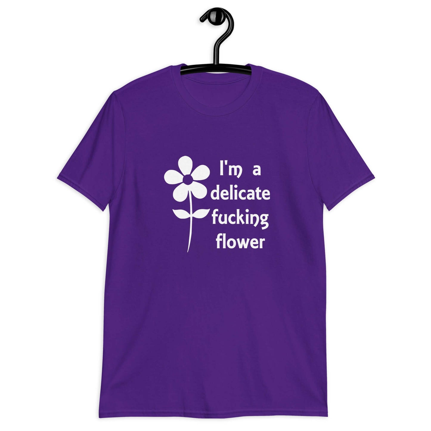 Purple t-shirt with image of a flower and the phrase I'm a delicate fucking flower printed on the front.