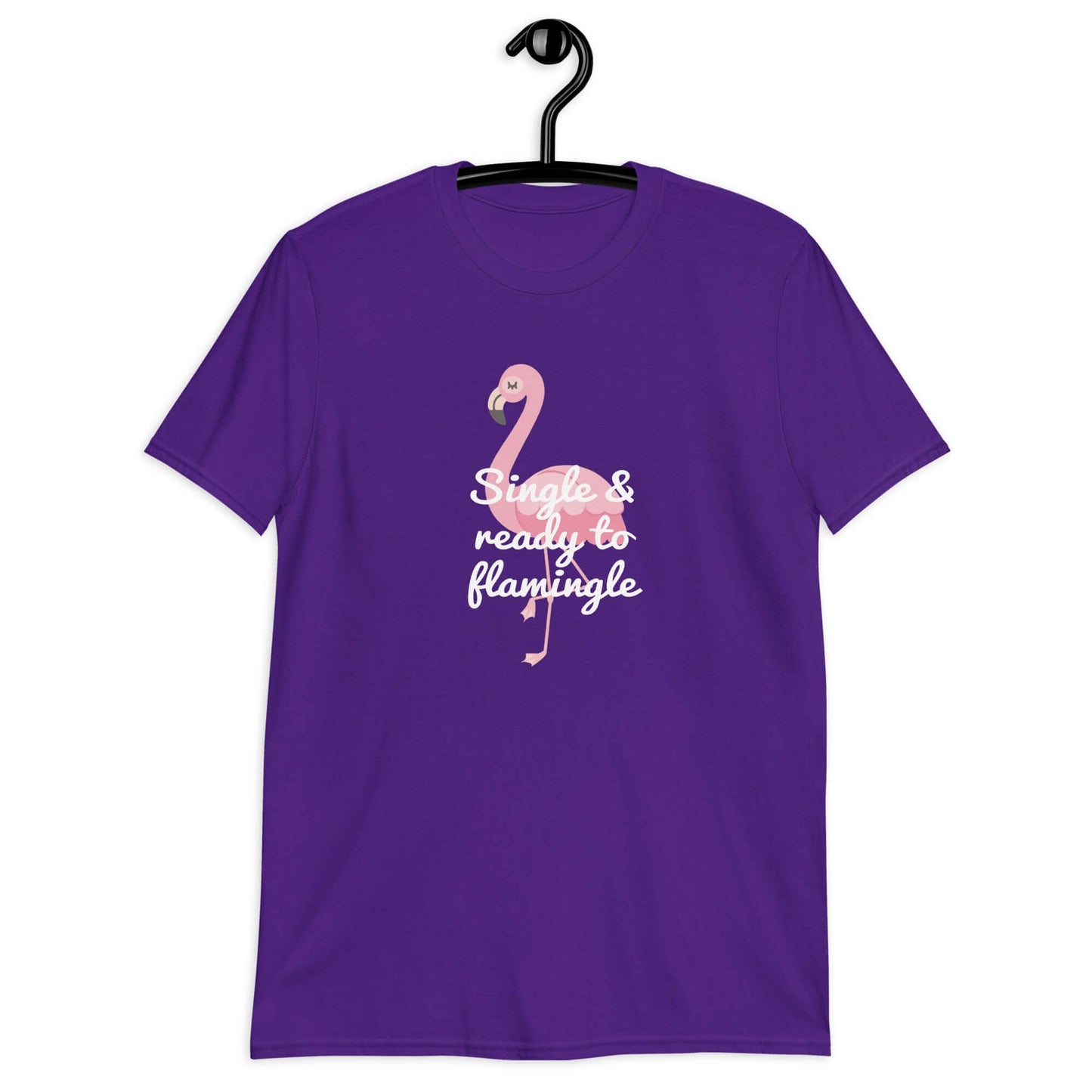 Purple t-shirt with an image of a flamingo and the words Single and ready to flamingle printed on the front.