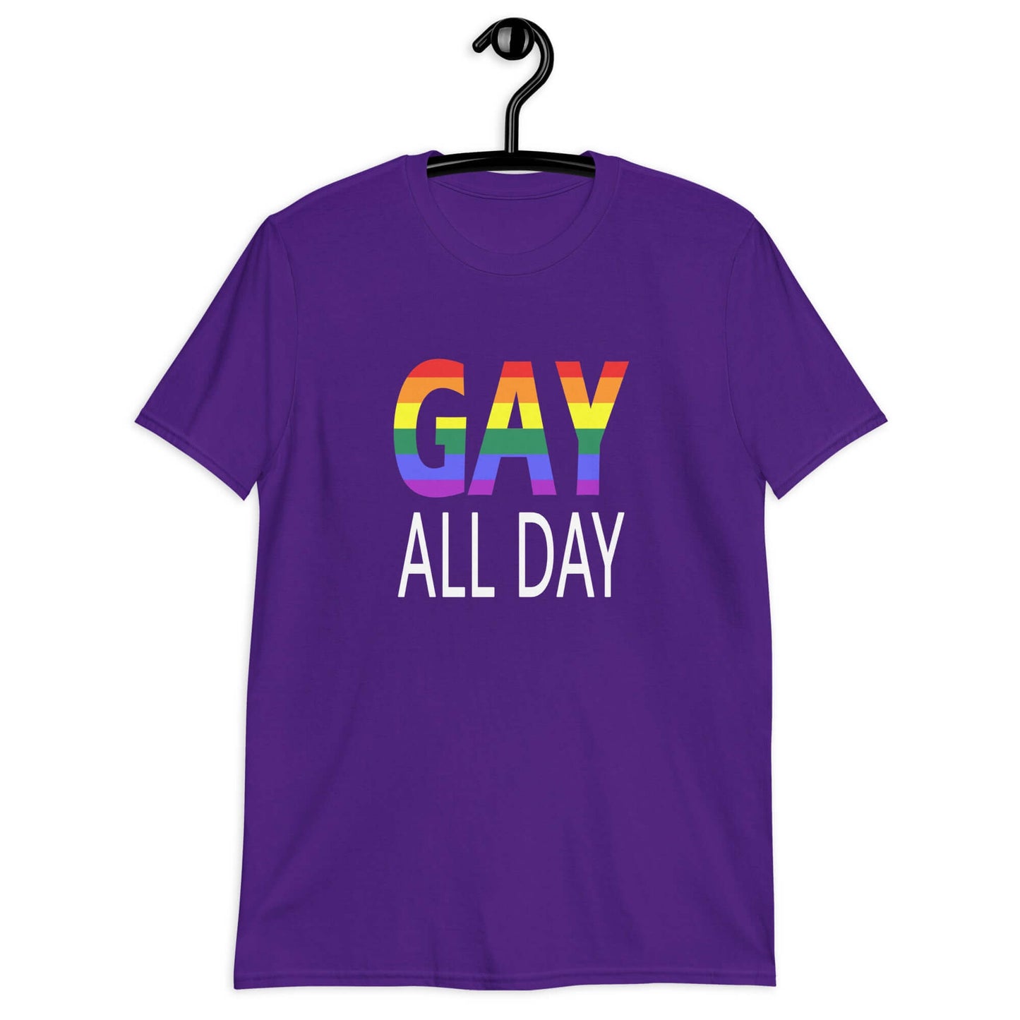 Purple t-shirt with the words Gay all day printed on the front. The word Gay is in rainbow stripe font.
