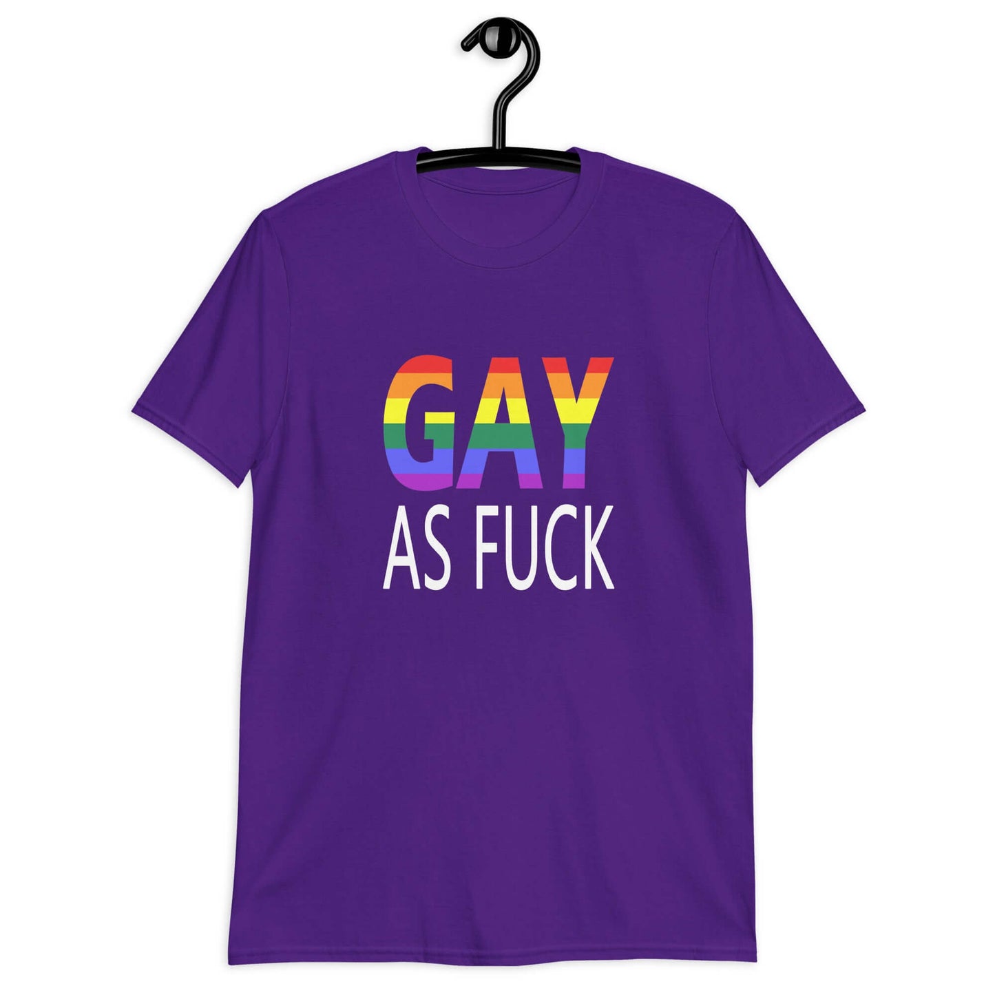 Purple t-shirt with the words Gay as fuck printed on the front. The word Gay is in rainbow stripe font.