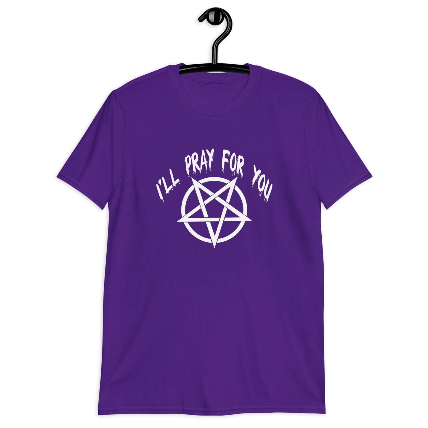 Purple t-shirt with image of a pentagram and the phrase I'll pray for you printed on the front.