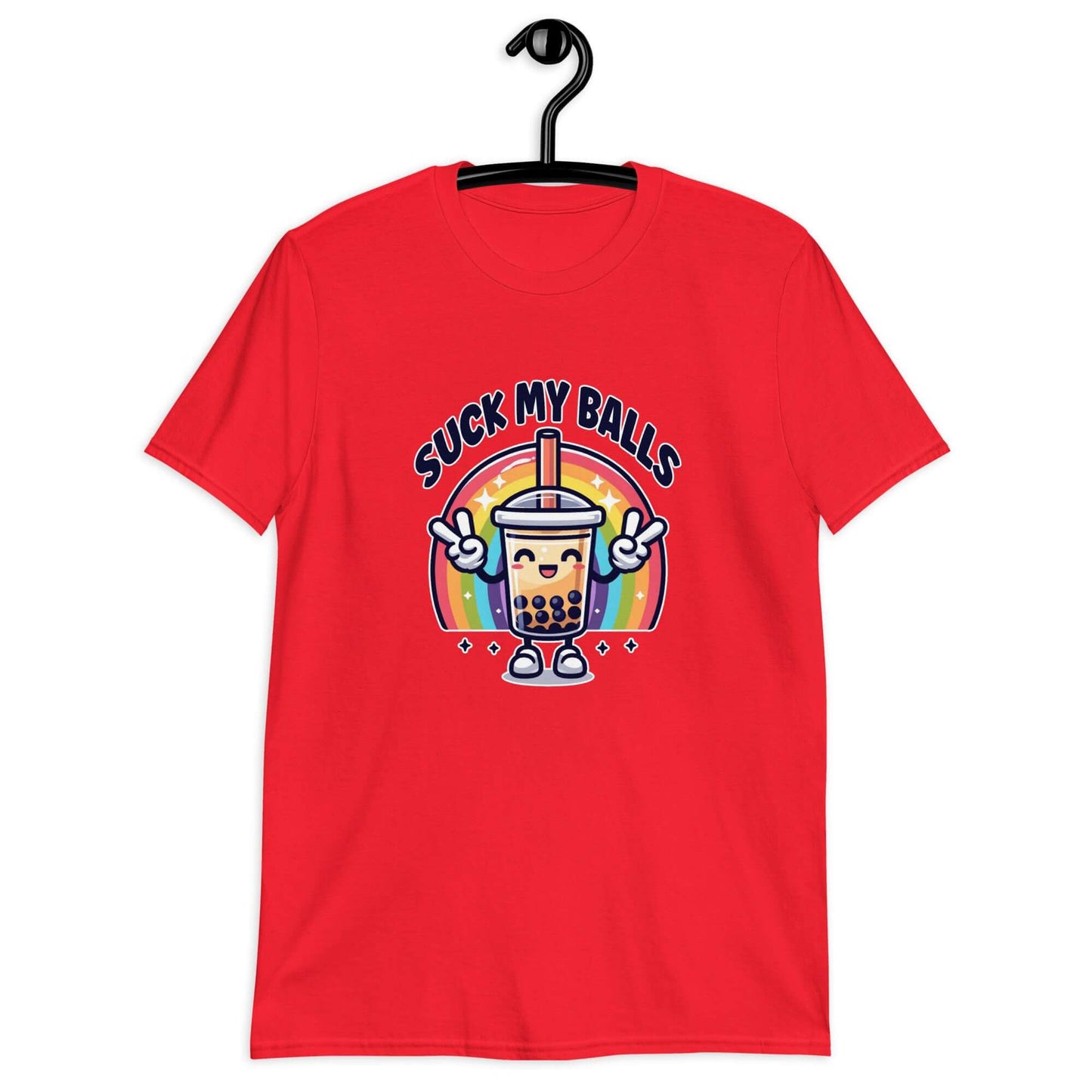 Red t-shirt with graphics of a rainbow and a smiling boba bubble tea. The bubble tea has arms and legs. The phrase Suck my balls is printed above the rainbow. The graphics are on the front of the shirt.