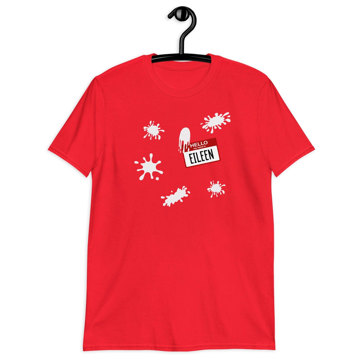 Red t-shirt with Eileen name tag and white splatters printed on the front.