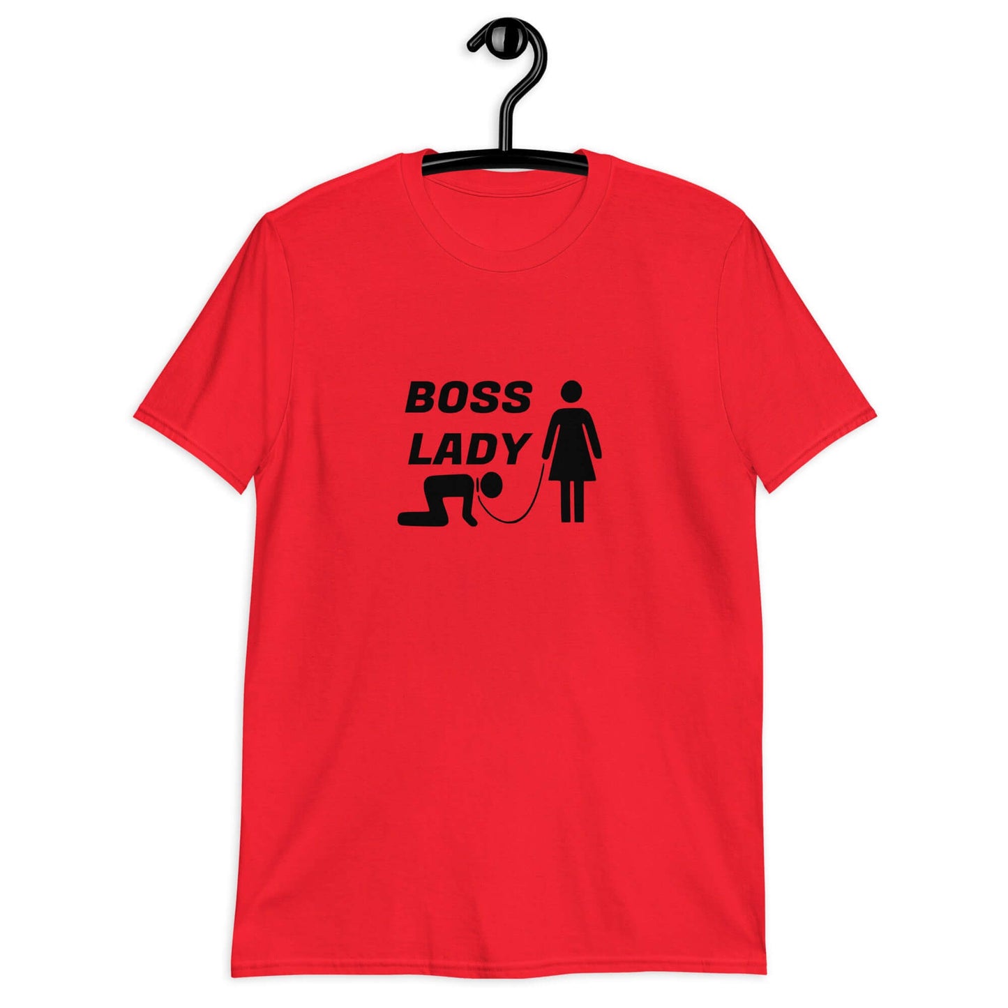 Red t-shirt with graphic of collared and leashed man on his hands and knees being led by a woman and the words Boss lady above. The graphics are printed on the front of the shirt.