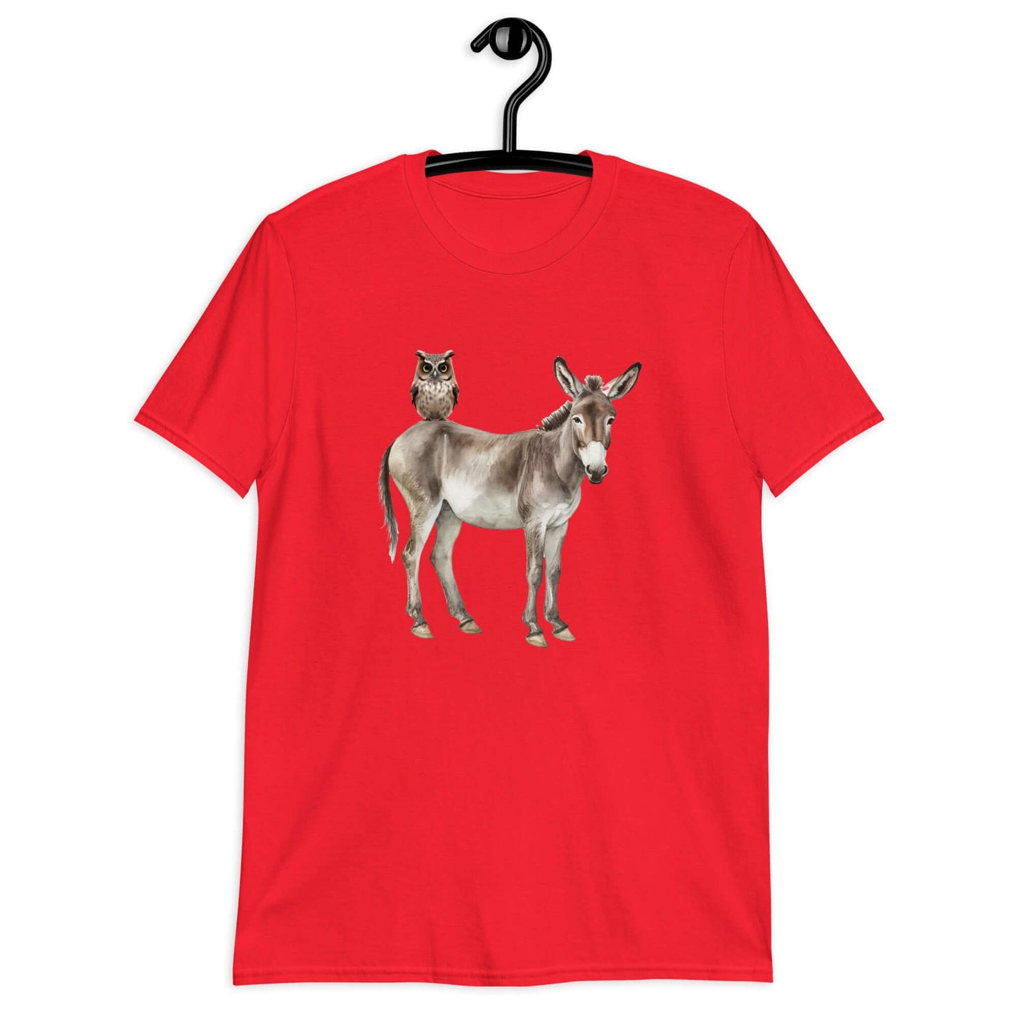 Red t-shirt with an image of a donkey with wise owl sitting on it printed on the front.