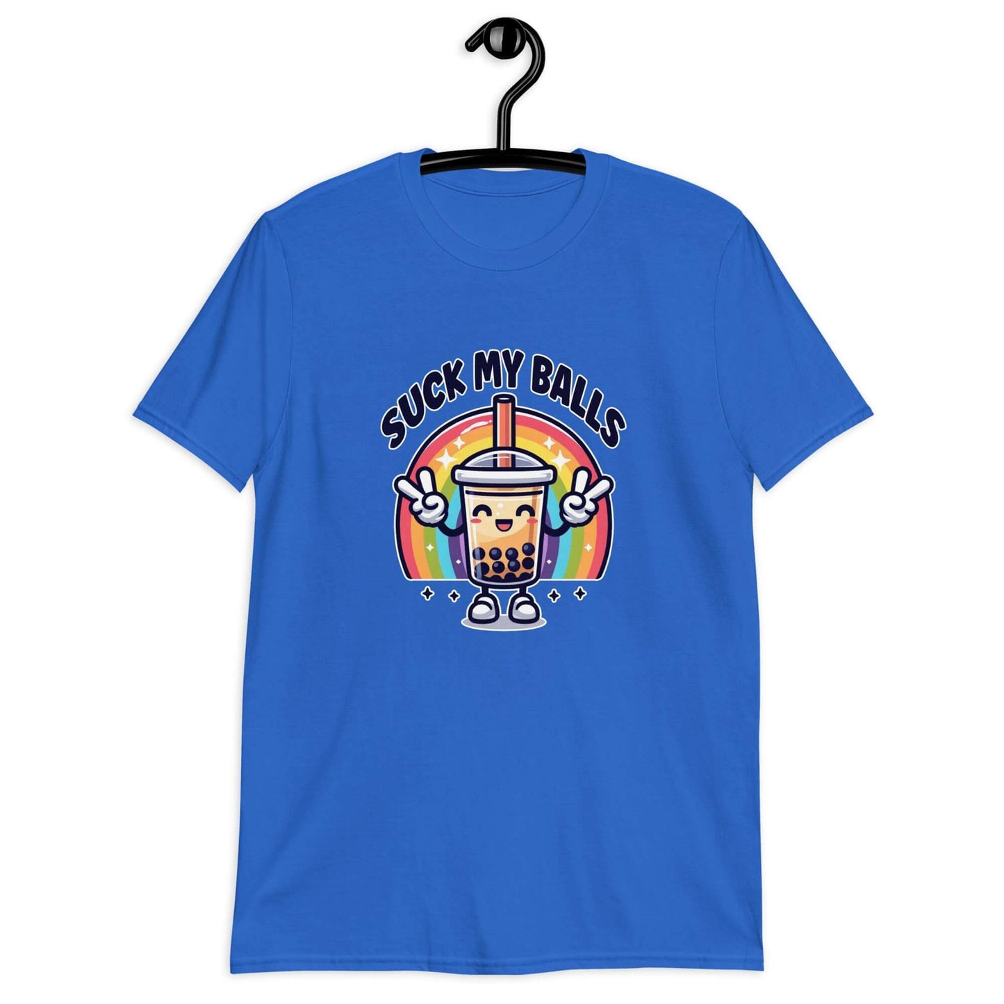 Royal blue t-shirt with graphics of a rainbow and a smiling boba bubble tea. The bubble tea has arms and legs. The phrase Suck my balls is printed above the rainbow. The graphics are on the front of the shirt.