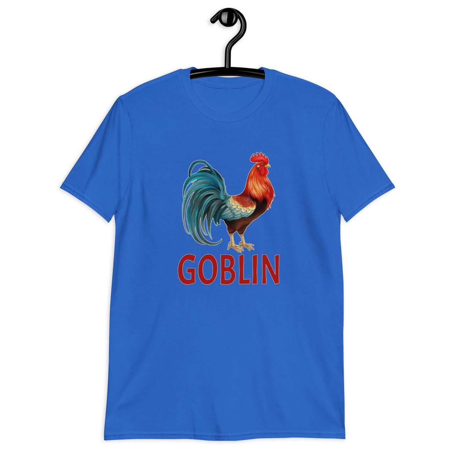 Royal blue t-shirt with an image of a rooster and the word Goblin printed under the rooster. The graphics are printed on the front of the shirt.