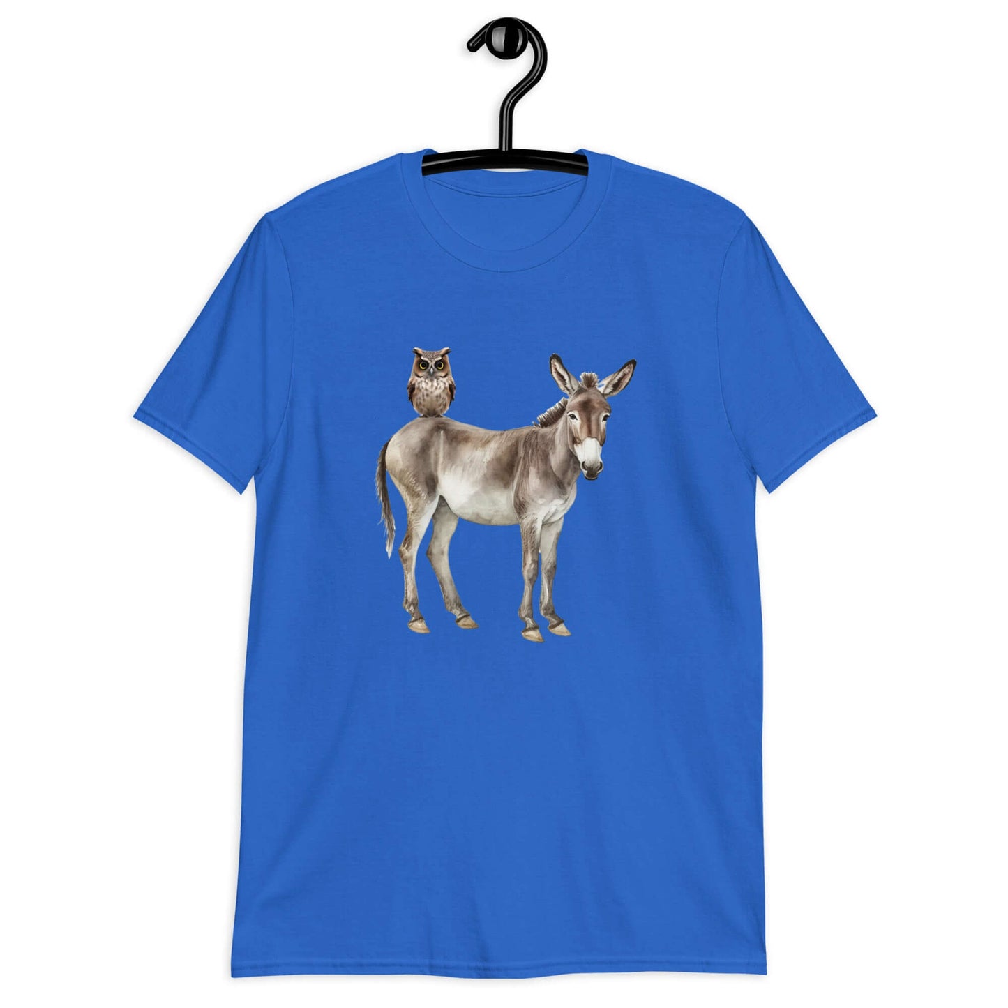 Royal blue t-shirt with an image of a donkey with wise owl sitting on it printed on the front.