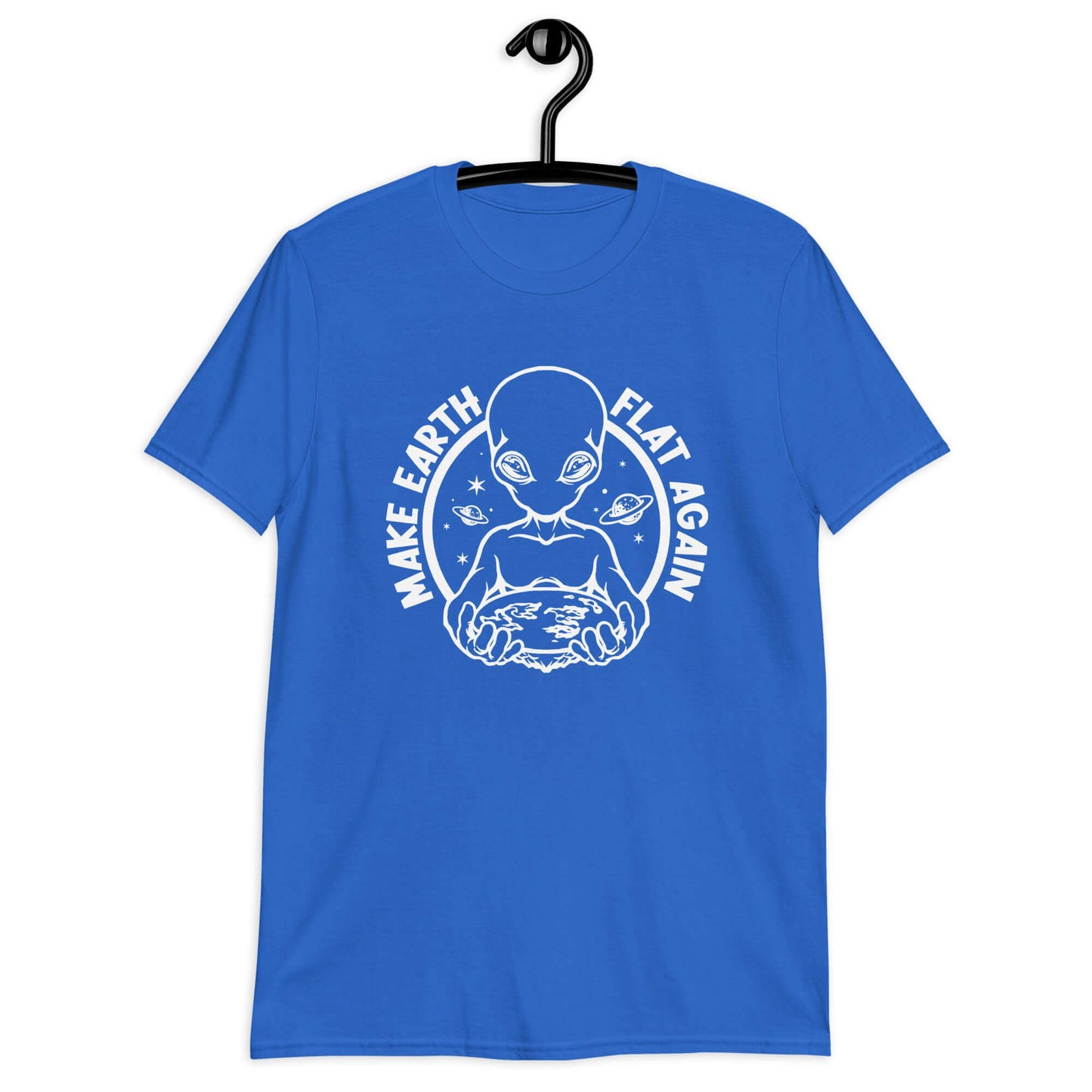 Royal blue t-shirt with an image of an alien holding flat earth and the phrase Make earth flat again printed on the front.