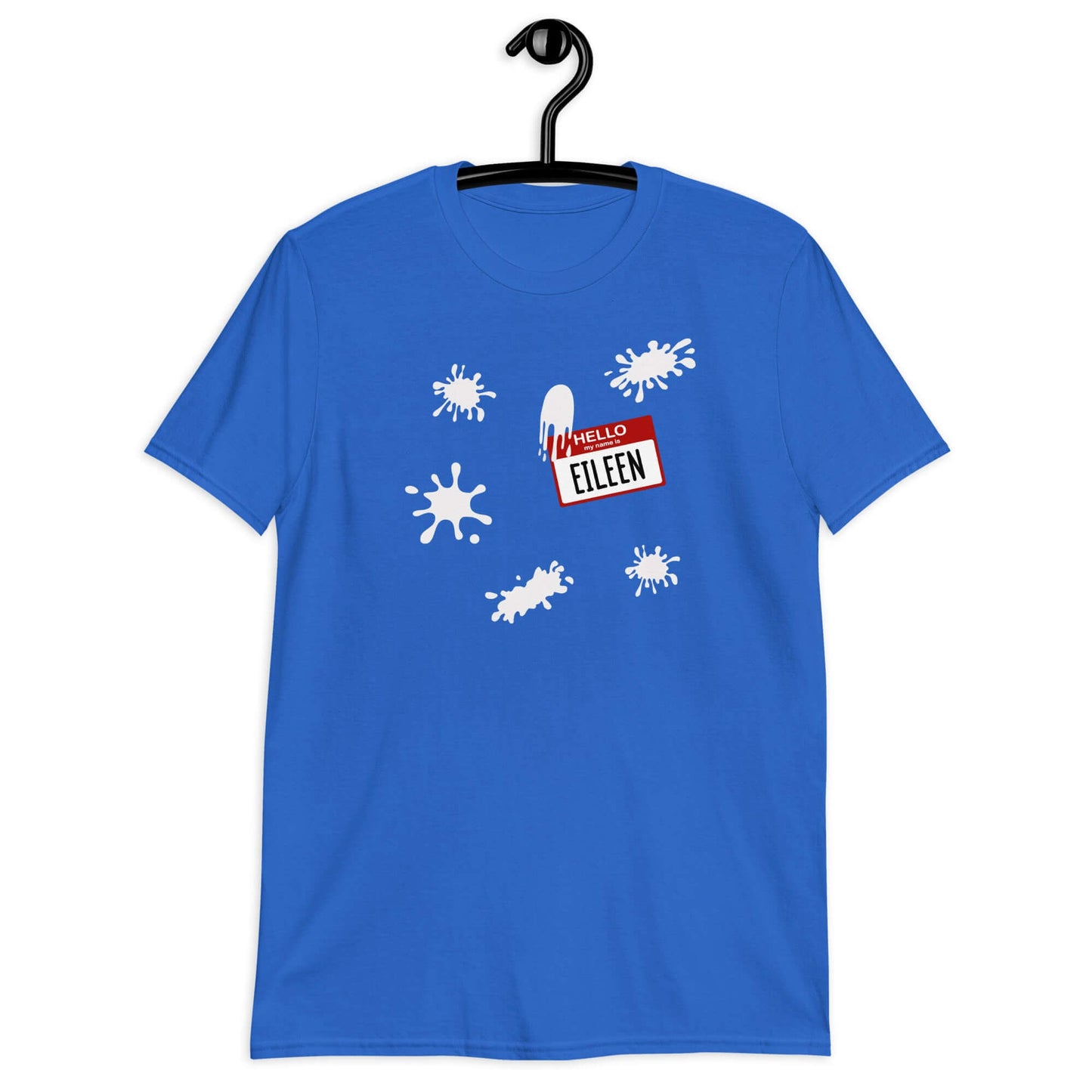Royal blue t-shirt with Eileen name tag and white splatters printed on the front.
