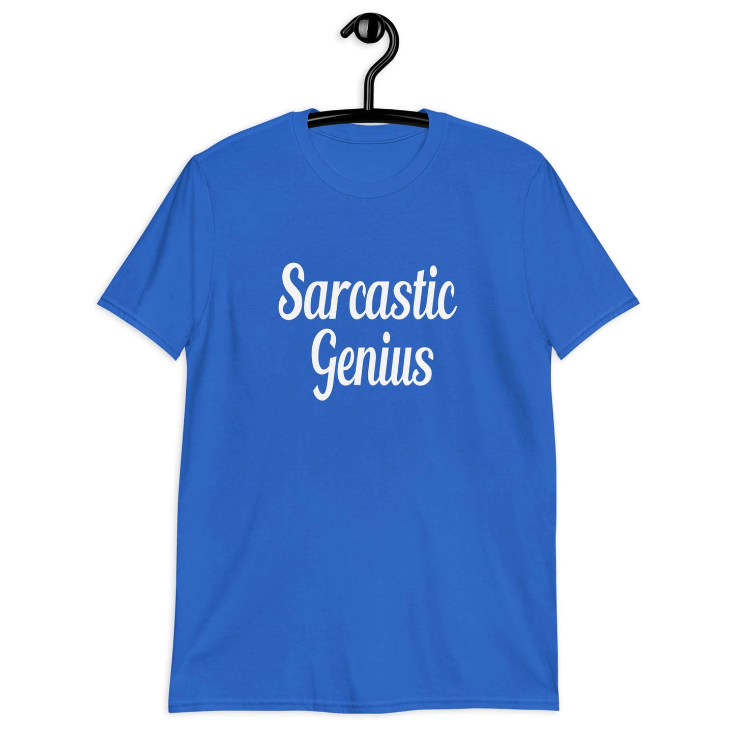 Royal blue t-shirt with the words Sarcastic Genius printed on the front.